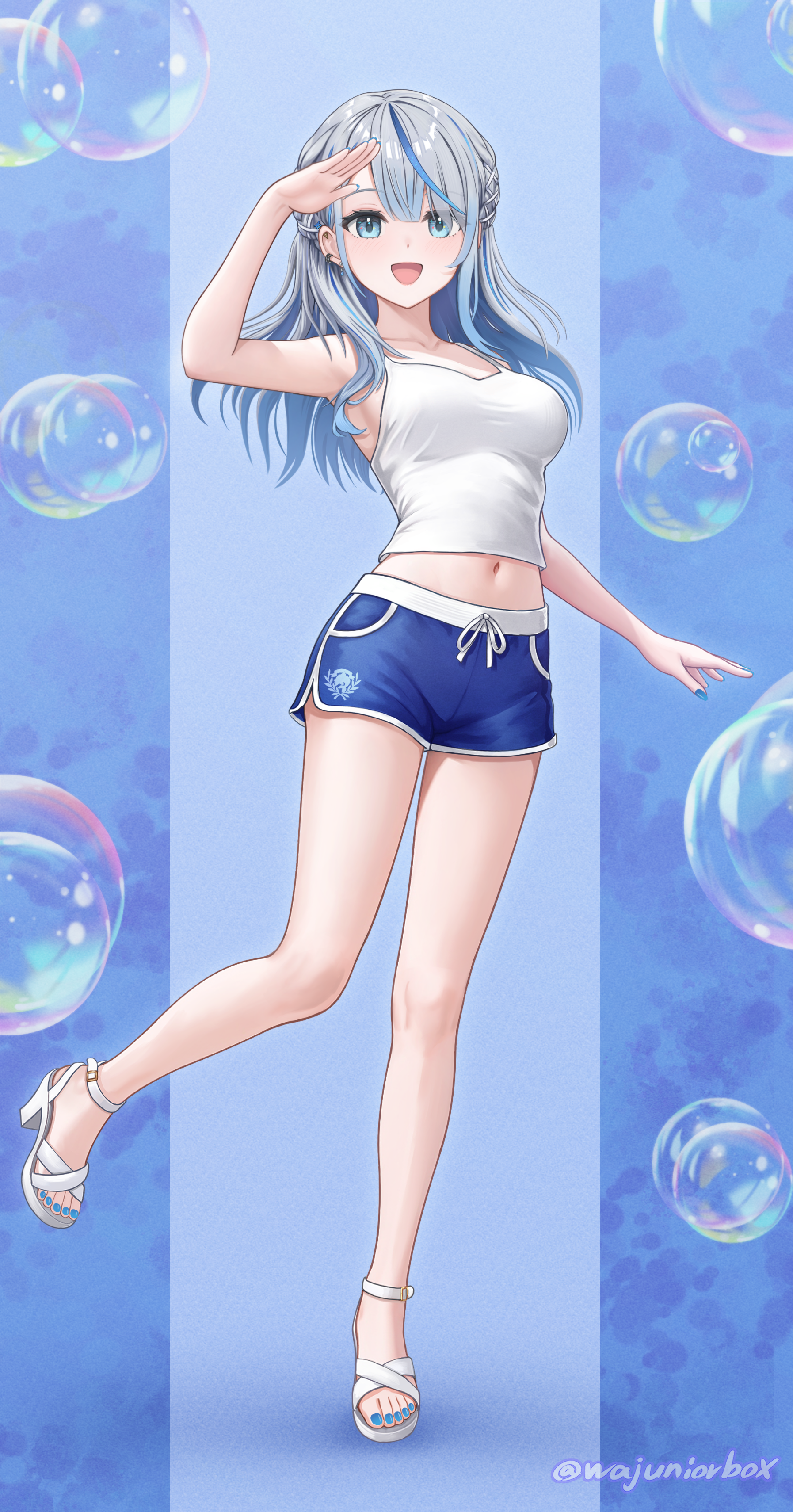 wajuniorbox, amagai ruka, weather planet, absurdres, commentary, highres, 1girl, arm up, armpits, bare arms, bare legs, bare shoulders, blue eyes, blue nails, blue shorts, braid, breasts, bubble, camisole, crop top, dolphin shorts, earrings, full body, grey hair, high heels, jewelry, large breasts, leg up, long hair, looking at viewer, midriff, multicolored hair, nail polish, navel, open mouth, salute, sandals, shirt, short shorts, shorts, sleeveless, sleeveless shirt, smile, solo, standing, standing on one leg, streaked hair, thighs, toenail polish, toenails, virtual youtuber, white sandals, white shirt