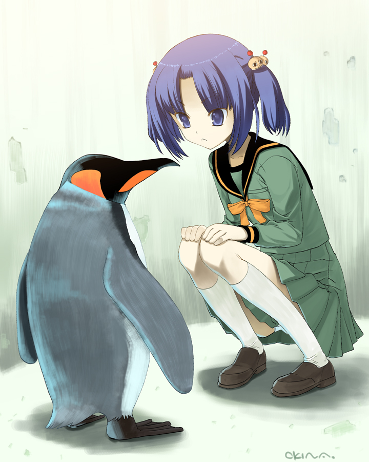 okina ika, 1girl, bird, blue eyes, blue hair, female focus, matching hair/eyes, penguin, school uniform, serafuku, solo, squatting, twintails