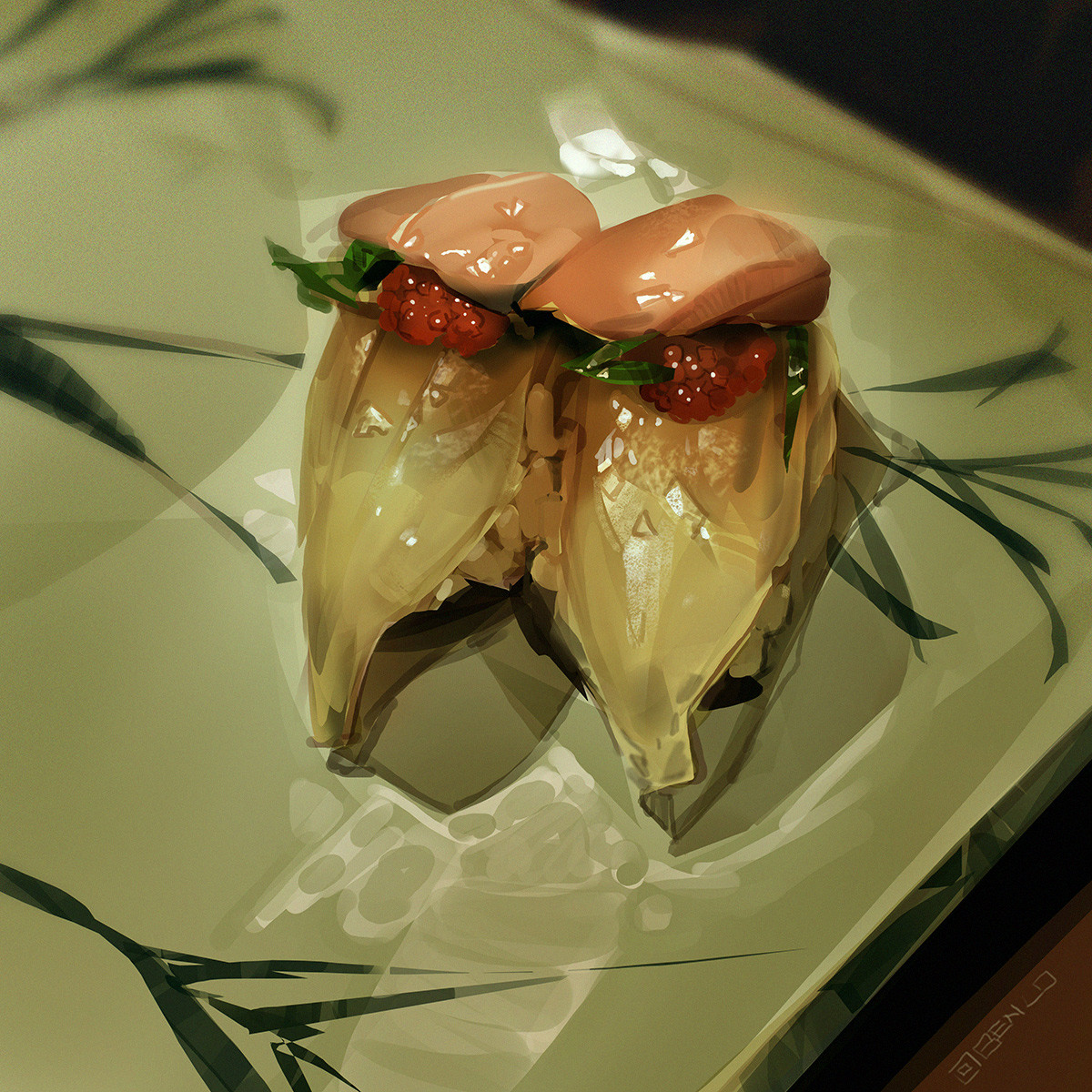 ben lo, original, highres, caviar, fish (food), food, food focus, from above, nigirizushi, no humans, nori (seaweed), octopus (food), painterly, sushi