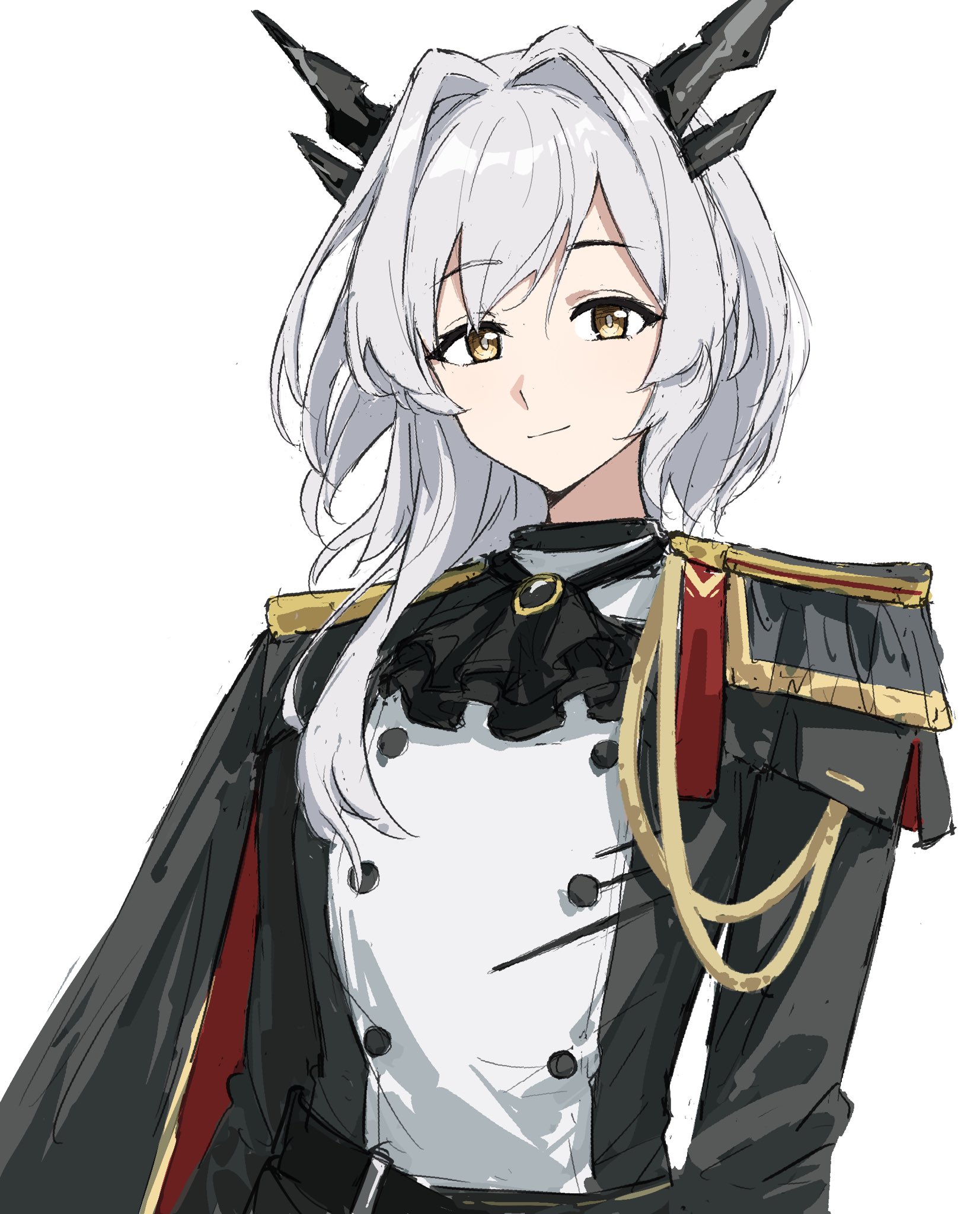 fuyukono, talulah (arknights), talulah the fighter (arknights), arknights, highres, 1girl, aiguillette, ascot, black ascot, black cape, black horns, black jacket, cape, closed mouth, epaulettes, grey hair, hair intakes, horns, jacket, long hair, long sleeves, simple background, sketch, smile, solo, upper body, white background, white jacket, yellow eyes