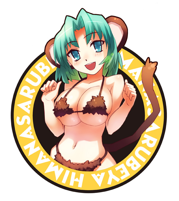oryo (oryo04), animal ears, blue eyes, breasts, cleavage, green hair, large breasts, monkey girl, solo, tail