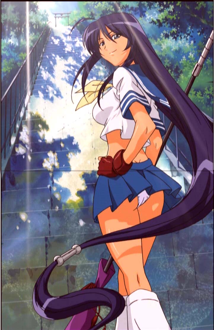 kan'u unchou, ikkitousen, 00s, 1girl, ahoge, ass, blue eyes, blue hair, breasts, female focus, fingerless gloves, gloves, hand on own hip, large breasts, long hair, low-tied long hair, matching hair/eyes, midriff, panties, pantyshot, polearm, school uniform, serafuku, sideboob, skirt, smile, socks, solo, stairs, torii, underwear, upskirt, weapon