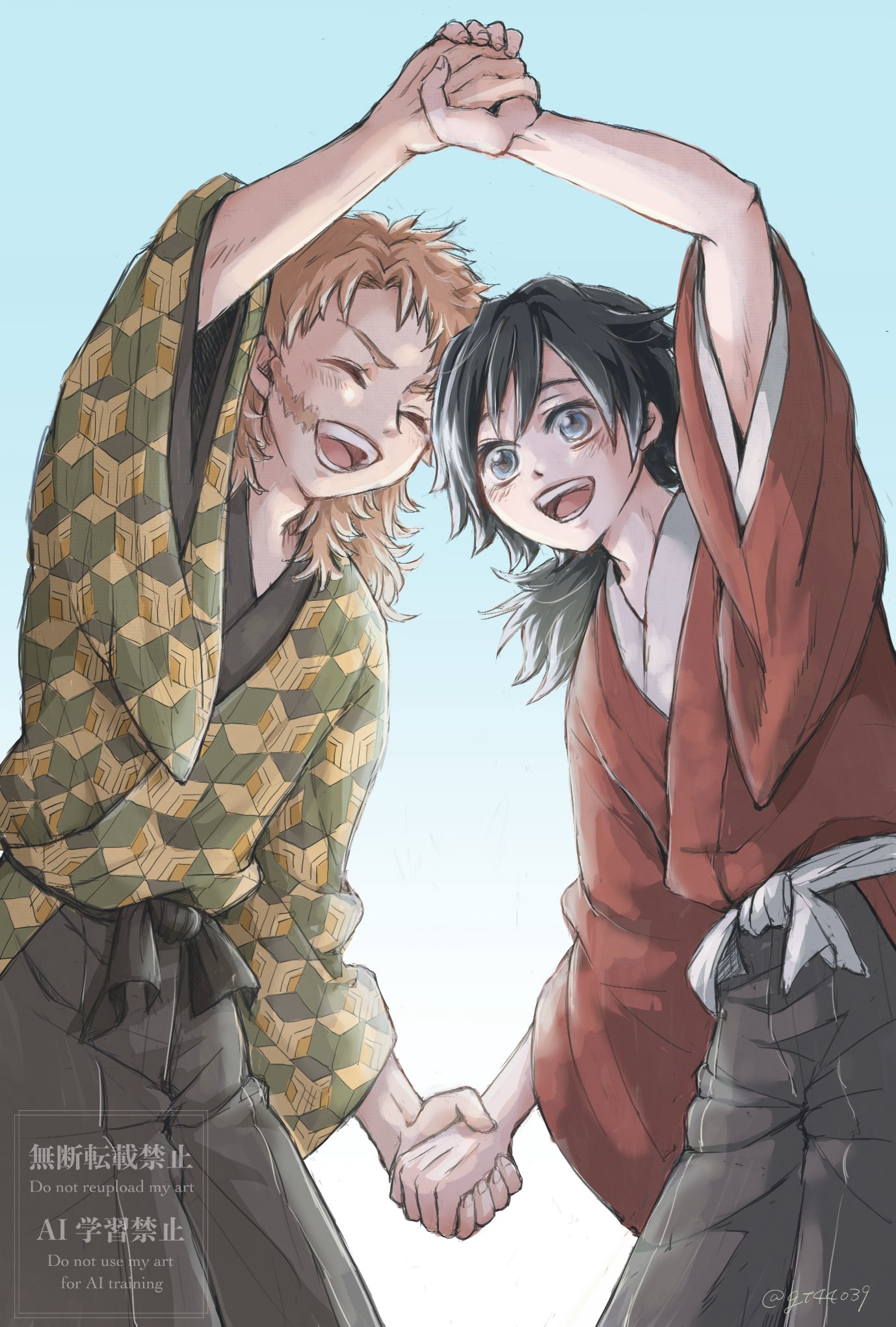 sabito (kimetsu), tomioka giyuu, kimetsu no yaiba, highres, 2boys, aqua background, black hair, blue eyes, closed mouth, english text, gt44039, hand up, holding hands, japanese clothes, kikkoumon, kimono, long hair, low ponytail, male focus, multiple boys, orange hair, ponytail, print kimono, red kimono, smile, spiked hair, teeth, watermark