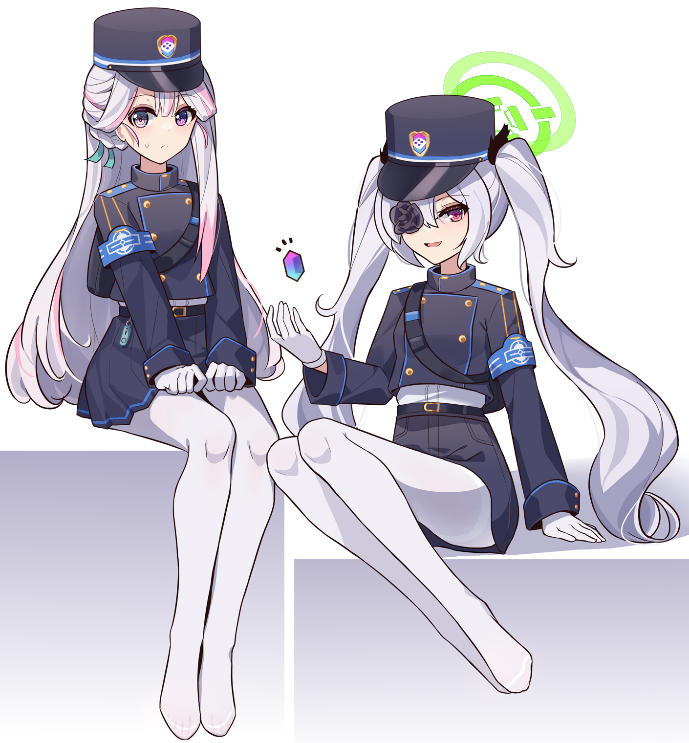 ddt (darktrident), arya crystal, hikari (blue archive), nozomi (blue archive), blue archive, touhou, touhou ayaria epic, highres, 2girls, armband, belt, blazer, breasts, gloves, grey hair, halo, hat, jacket, long hair, looking at viewer, multicolored hair, multiple girls, no shoes, one eye covered, open mouth, pantyhose, pink hair, pleated skirt, shako cap, shorts, sitting, skirt, small breasts, streaked hair, twintails, very long hair, white background, white gloves, white pantyhose