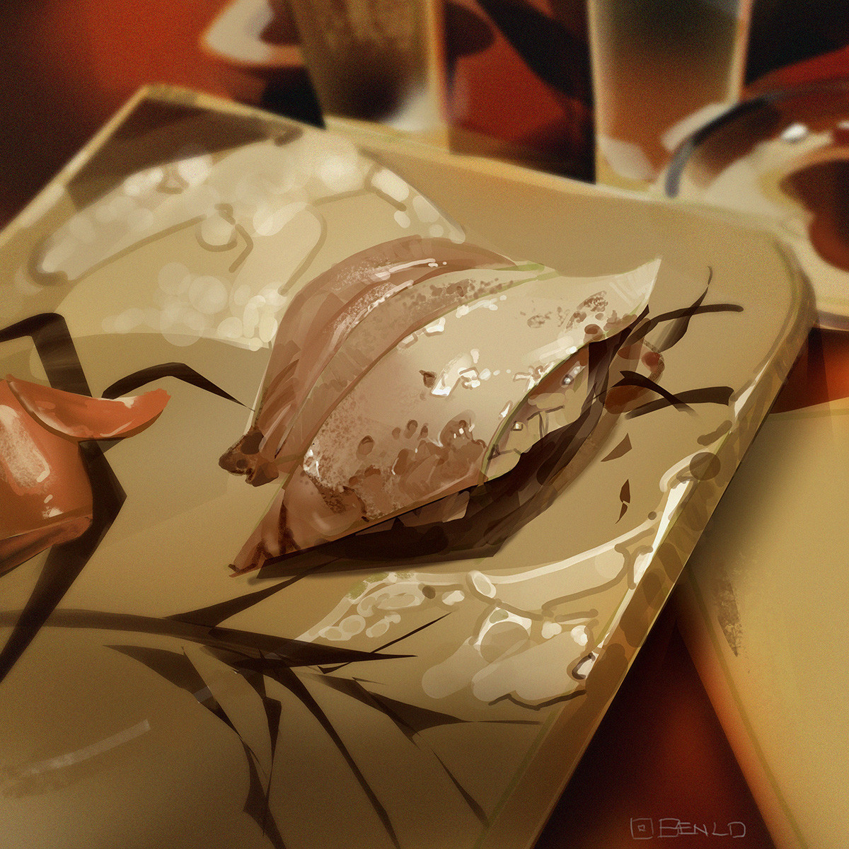 ben lo, original, highres, blurry, blurry background, calamari, cup, depth of field, fish (food), food, food focus, from above, ginger root, glass, nigirizushi, no humans, painterly, plate, sushi