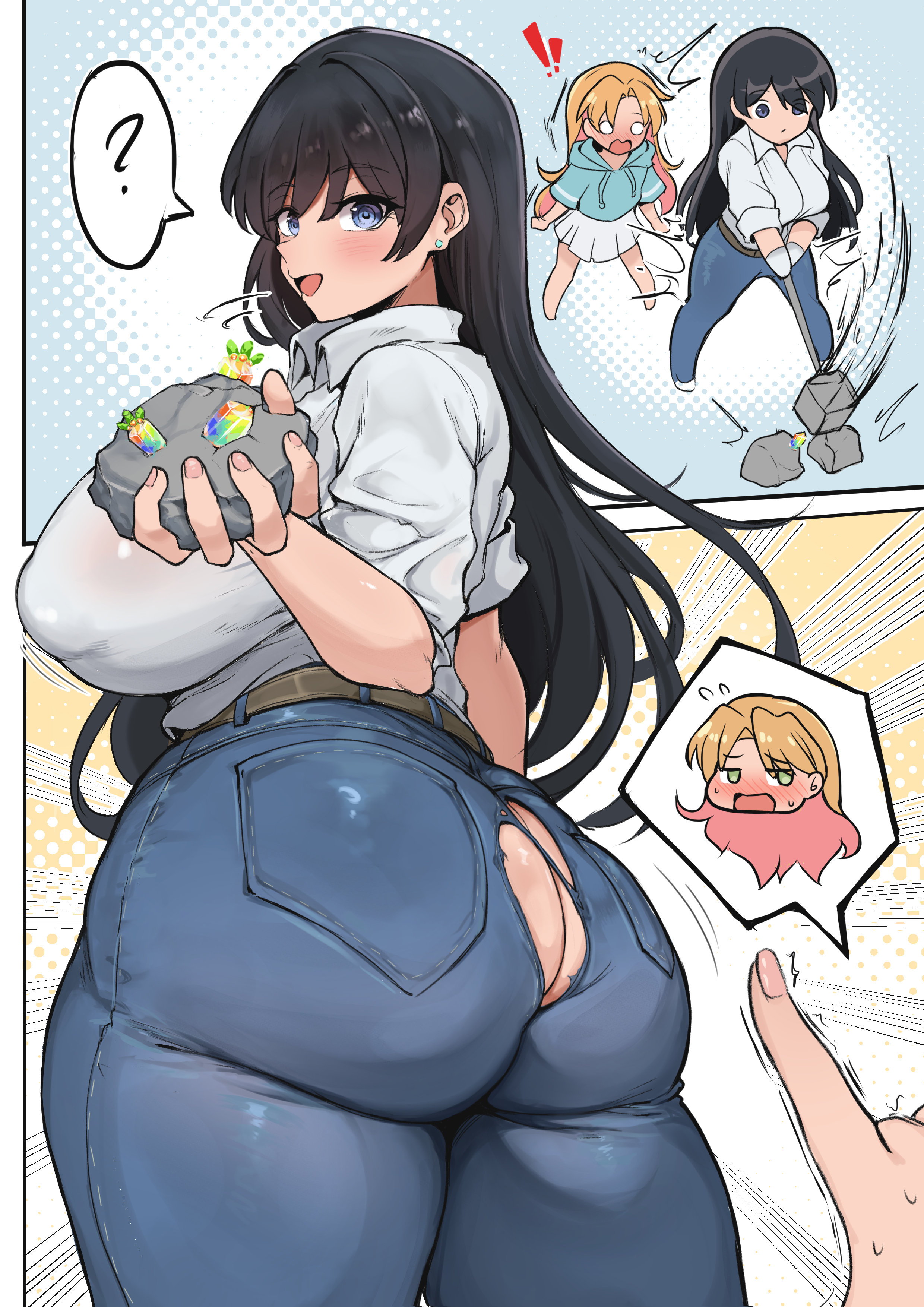 minori (user eket5233), arato nagi, tanigawa ruri, ruri no houseki, absurdres, commentary, highres, symbol-only commentary, 2girls, ?, ass, ass peek, black hair, blue hoodie, blue pants, breasts, denim, earrings, green eyes, hammer, hood, hoodie, huge ass, huge breasts, jeans, jewelry, long hair, looking back, multiple girls, open mouth, orange hair, pants, pointing, pov, pov hands, purple eyes, shirt, sidelocks, skirt, smile, spoken character, spoken question mark, stud earrings, torn clothes, torn pants, twisted torso, white shirt, white skirt
