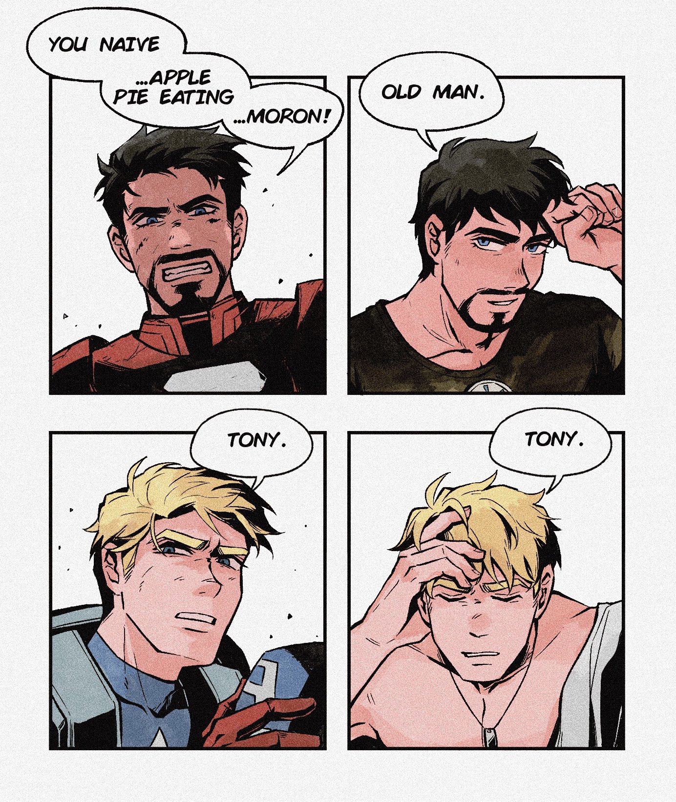 weibo 7899261198, captain america, iron man, steve rogers, tony stark, avengers (series), marvel, highres, 2boys, arc reactor, armor, black hair, black shirt, blonde hair, blue bodysuit, blue eyes, bodysuit, border, covered collarbone, english text, facial hair, fangs, full armor, gloves, hand on own head, hand up, helmet, holding, holding unworn helmet, looking at viewer, male focus, multiple boys, multiple views, necktie, open clothes, open shirt, power armor, red armor, red gloves, shield, shield on back, shirt, short hair, simple background, smile, speech bubble, star (symbol), star print, superhero costume, teeth, unworn headwear, unworn helmet, upper body, white background, white border, white shirt