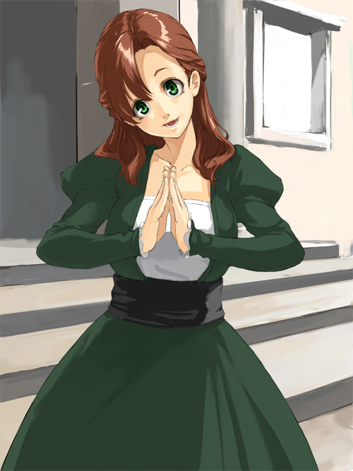 kuroko (piii), tagme, brown hair, dress, green eyes, long hair, solo
