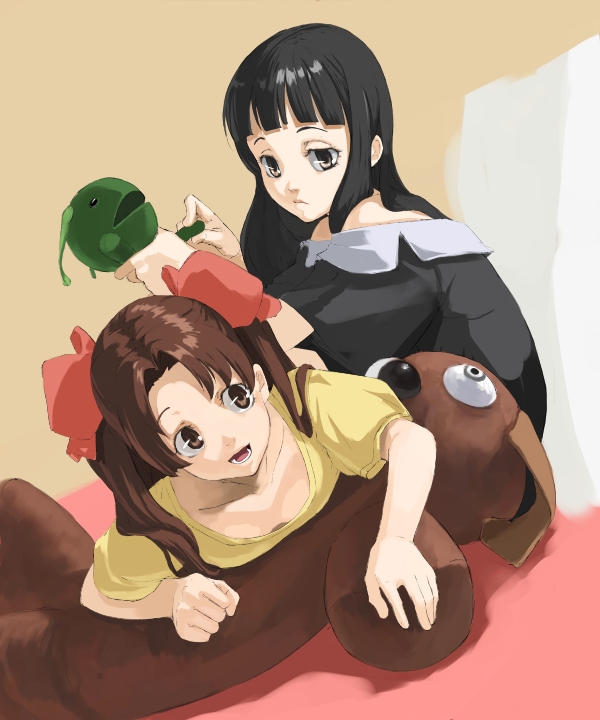 kuroko (piii), 2girls, black hair, breast press, breasts, brown eyes, brown hair, hair ribbon, long hair, multiple girls, ribbon, small breasts, stuffed animal, stuffed toy, teddy bear, twintails