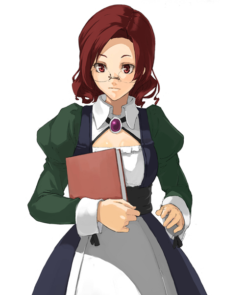 kuroko (piii), book, brooch, glasses, jewelry, red eyes, red hair, solo