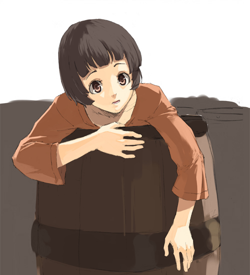 kuroko (piii), tagme, barrel, brown eyes, brown hair, short hair, solo