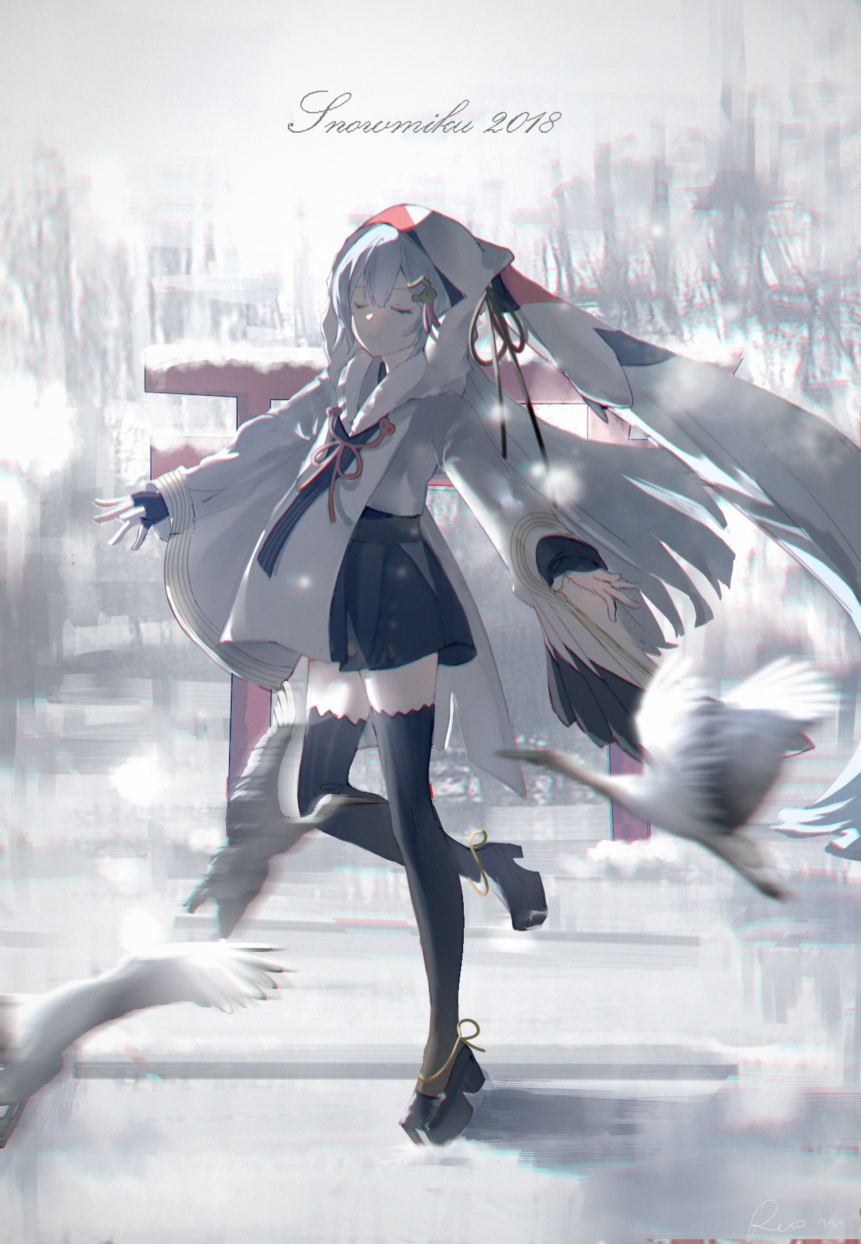 rio (fantasticxiran), hatsune miku, yuki miku, yuki miku (2018), vocaloid, highres, 1girl, bird, black skirt, black thighhighs, character name, chihaya (clothing), closed eyes, closed mouth, crane (animal), hair between eyes, hair ornament, hokkaido, japanese clothes, long hair, long sleeves, official alternate costume, official alternate hairstyle, pleated skirt, sandals, skirt, smile, solo, thighhighs, torii, twintails, very long hair, wide sleeves