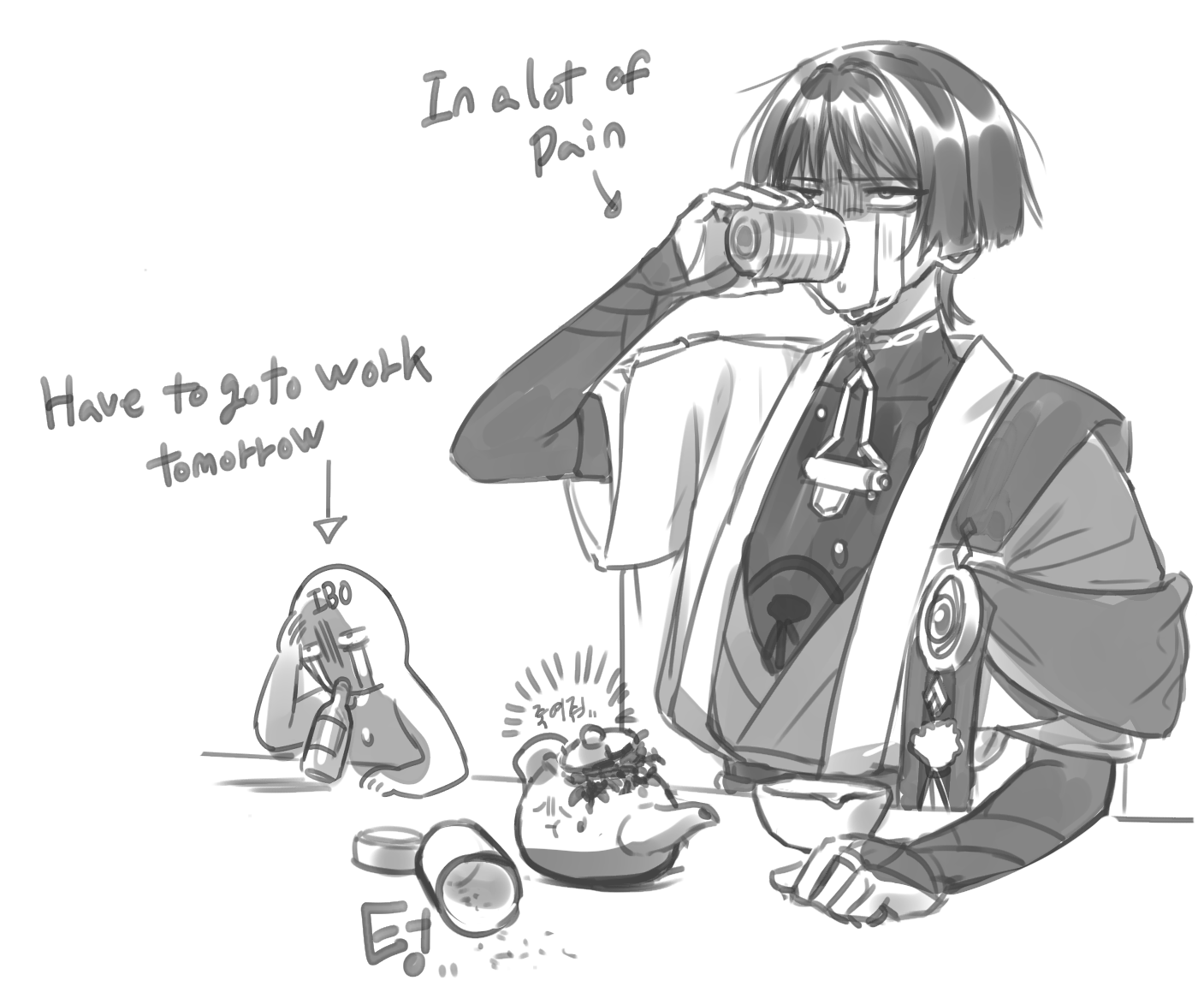 scaramouche (genshin impact), wanderer (genshin impact), genshin impact, 1boy, 49ibo240, arm rest, armor, arrow (symbol), artist self-insert, blunt ends, bodysuit, bottle, bridal gauntlets, cape, clenched hand, covered collarbone, crying, crying with eyes open, cup, drinking, english text, gem, grey background, greyscale, hand up, holding, holding cup, japanese armor, japanese clothes, juban, kettle, kimono, kote, looking up, male focus, monochrome, open clothes, open kimono, pom pom (clothes), sanpaku, short sleeves, streaming tears, tears, tsurime, vision (genshin impact), yunomi
