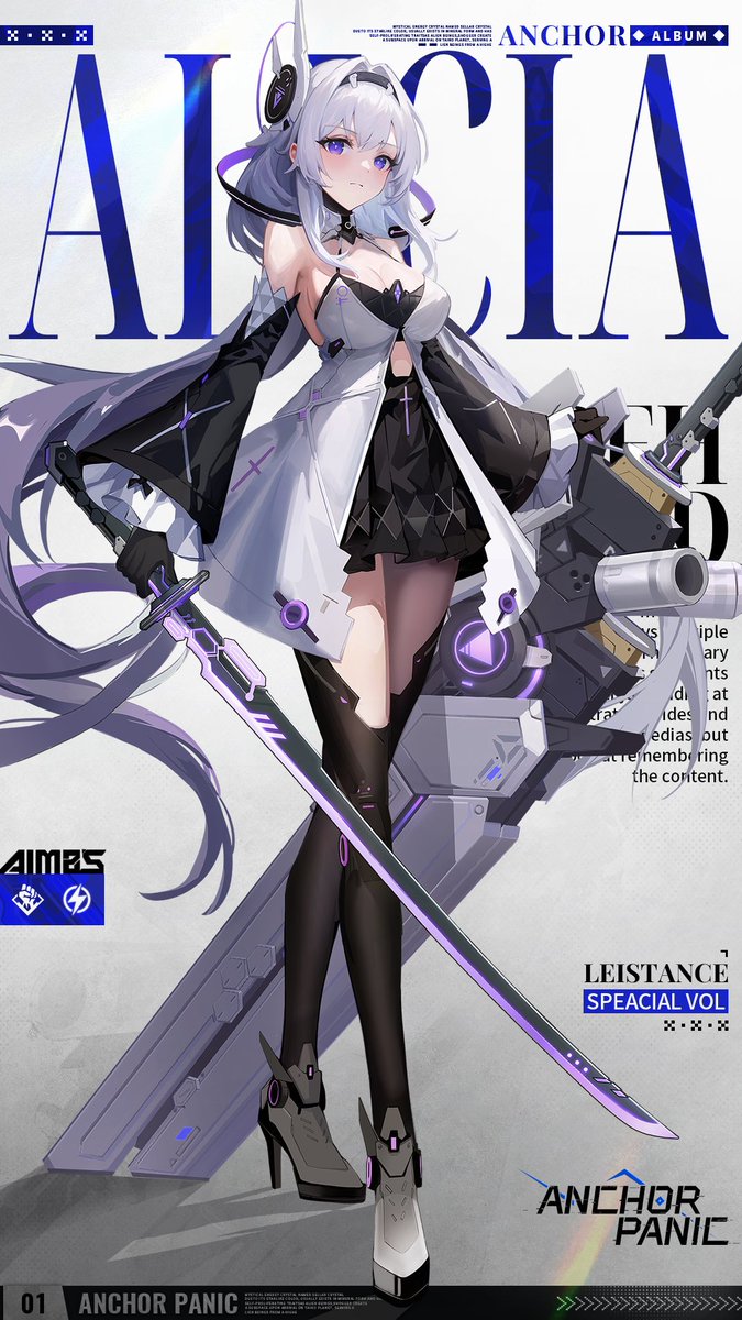 anchor panic, highres, official art, second-party source, 1girl, alicia (anchor panic), bare shoulders, black gloves, black skirt, breasts, character name, cleavage, copyright name, detached sleeves, full body, gloves, grey hair, high heels, holding, holding sword, holding weapon, purple eyes, skirt, solo, sword, weapon