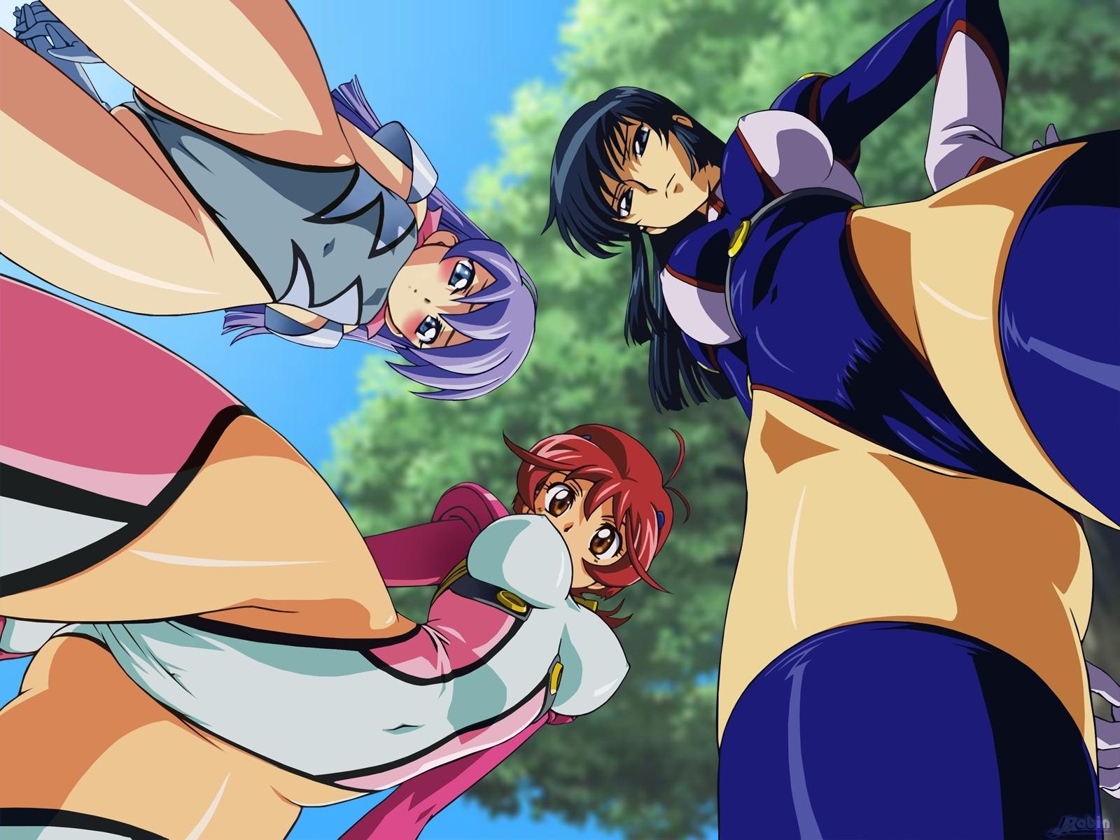 kimura takahiro, aoi anna, fujimura shizuru, lou roux, shinkon gattai godannar!!, pilot suit, highres, jpeg artifacts, official art, official wallpaper, third-party edit, 00s, 3girls, age difference, antenna hair, arms behind back, ass, bare shoulders, black hair, blue eyes, blue hair, blue thighhighs, blurry, blush, bodysuit, breasts, breasts apart, brown eyes, cameltoe, cloud, covered erect nipples, covered navel, cowboy shot, crotch, curvy, day, depth of field, embarrassed, female focus, flat chest, flipped hair, foreshortening, from below, frown, gloves, grey leotard, groin, hair ornament, hairband, hairclip, hand on own hip, highleg, highleg leotard, hip focus, huge ass, impossible clothes, impossible leotard, interlocked fingers, large breasts, leotard, long hair, looking at viewer, looking down, mecha pilot suit, multicolored leotard, multiple girls, narrow waist, navel, orange eyes, outdoors, own hands together, parted lips, partially visible vulva, perspective, pink leotard, pink thighhighs, purple hair, red hair, shiny clothes, shiny skin, short hair, sidelocks, skin tight, sky, standing, thighhighs, thighs, tree, two-tone leotard, watermark, white leotard, wide hips