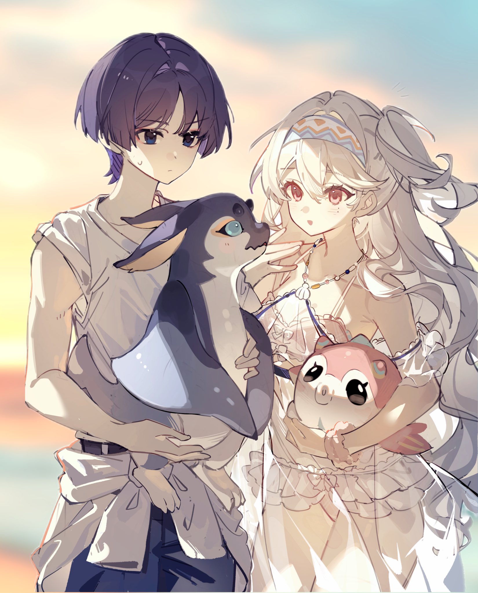 koholasaurus (genshin impact), scaramouche (genshin impact), genshin impact, original, artist request, commission, highres, second-party source, 1boy, 1girl, alternate costume, bare shoulders, belt, black belt, blue eyes, blue hairband, blue pants, blunt ends, blurry, blurry background, bow, casual, clothes around waist, collarbone, commissioner insert, contemporary, couple, creature, detached sleeves, eyelashes, eyeliner, eyeshadow, fish, frilled arm strap, frilled one-piece swimsuit, frilled skirt, frills, hair intakes, hairband, hand up, hayami momo (hayamimomo), hetero, holding, holding creature, jacket, jacket around waist, light blush, long hair, looking at another, makeup, mole, mole under eye, oc x canon, one-piece swimsuit, one side up, open mouth, outdoors, pants, parted bangs, pink eyes, puffer fish, purple hair, red eyeliner, red eyeshadow, see-through clothes, see-through strap, shirt, skirt, sleeveless, sleeveless shirt, sweatdrop, swimsuit, swimsuit skirt, wavy hair, white bow, white hair, white jacket, white one-piece swimsuit, white shirt, white skirt, wispy bangs