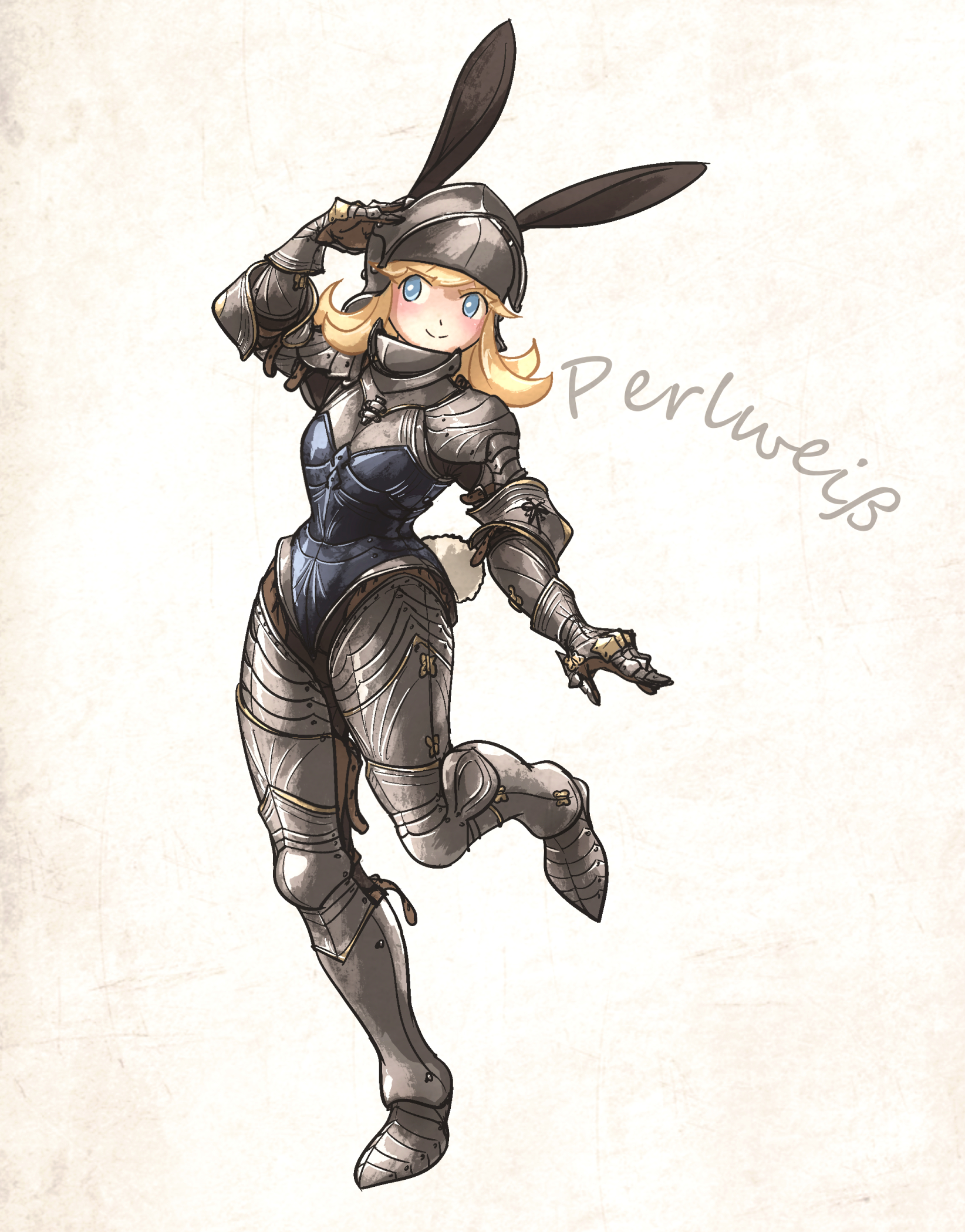 ironlily, perlweiss (ironlily), original, commentary, english commentary, highres, 1girl, animal ears, armor, blonde hair, blue eyes, rabbit ears, rabbit tail, simple background, solo, standing, standing on one leg, tail