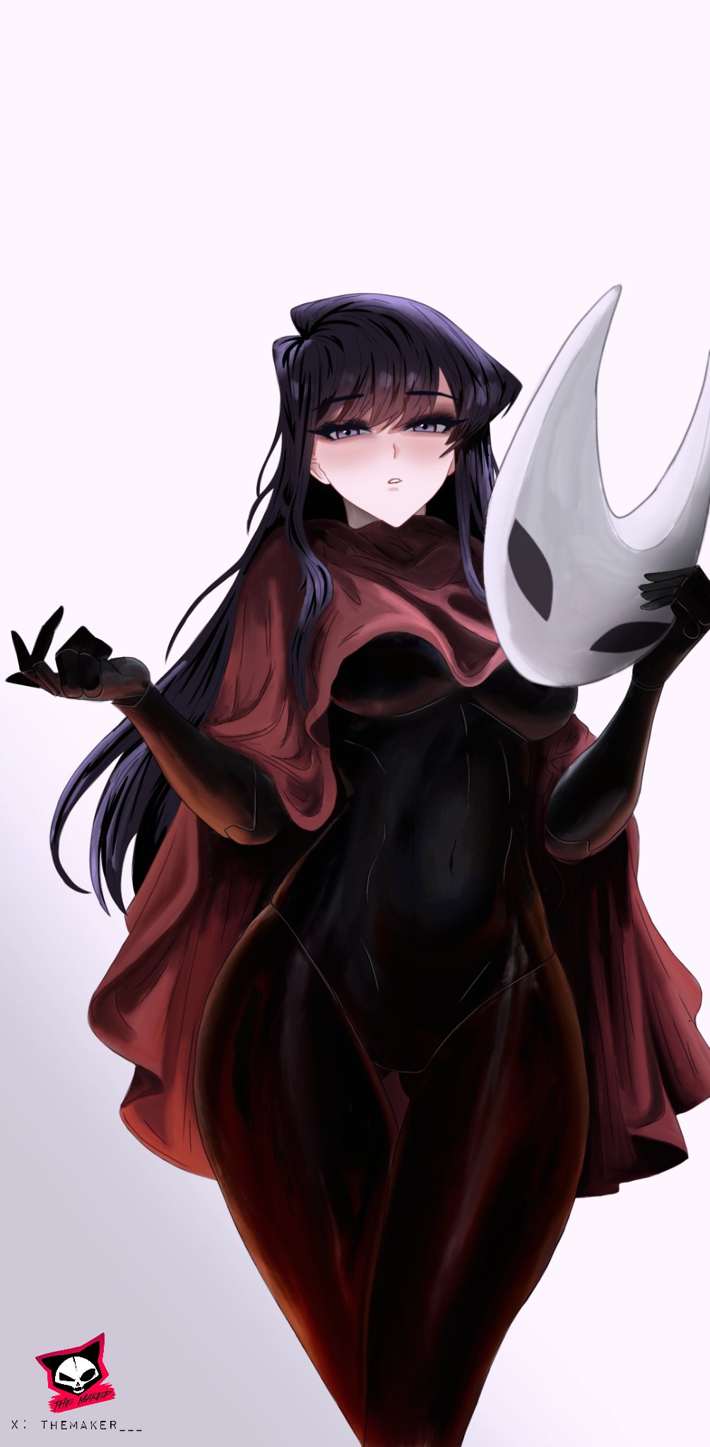 themaker, hornet (hollow knight), komi shouko, hollow knight, hollow knight: silksong, komi-san wa komyushou desu, highres, black bodysuit, blush, bodysuit, breasts, cape, closed mouth, crossed legs, dot mouth, hair between eyes, long hair, looking at viewer, makeup, medium breasts, purple eyes, purple hair, red cape, standing, v-shaped eyebrows, white mask, wide hips