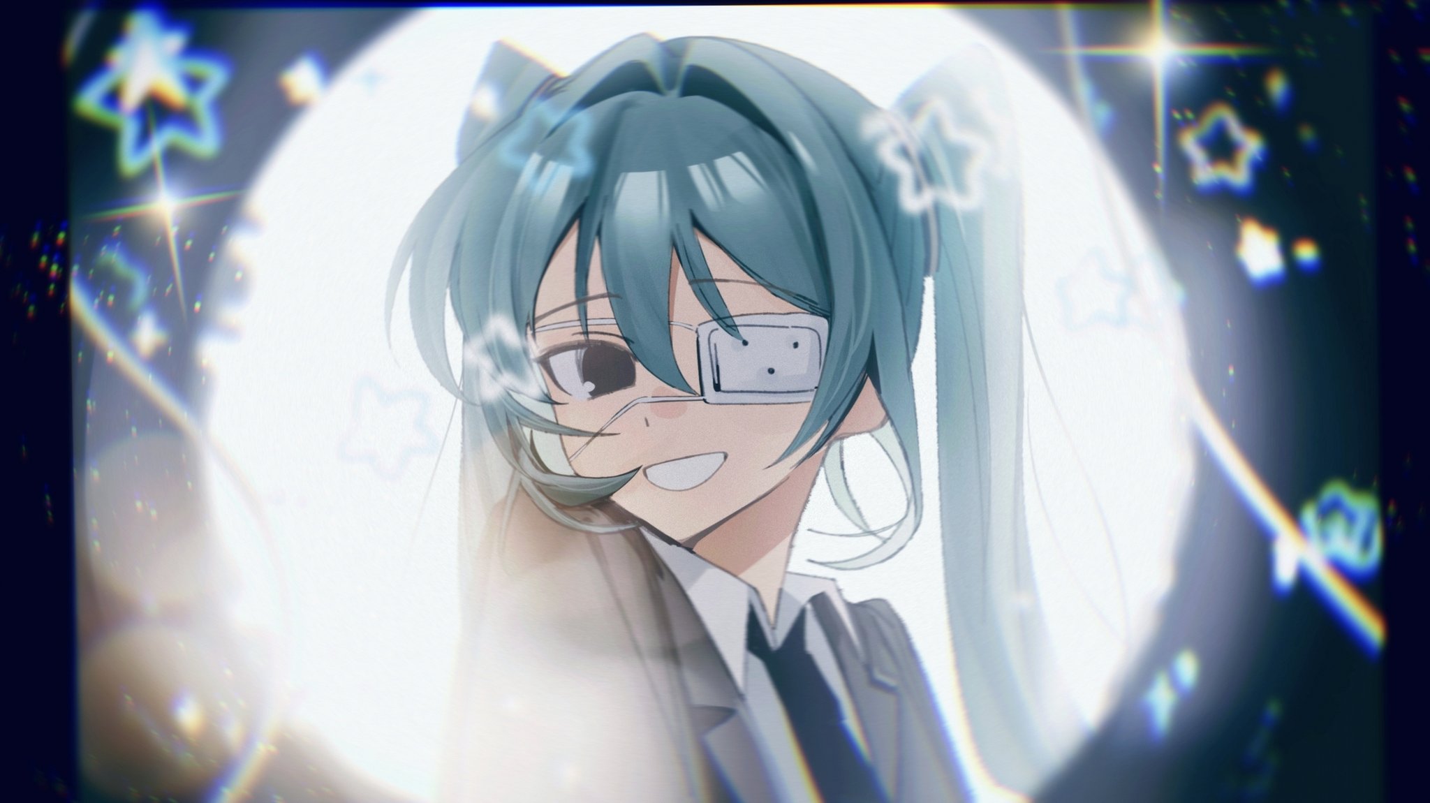 haidao mao, hatsune miku, monitoring (vocaloid), vocaloid, commentary, highres, korean commentary, 1girl, aqua hair, black necktie, eyepatch, grey jacket, hair between eyes, hair intakes, jacket, long hair, necktie, open mouth, twintails