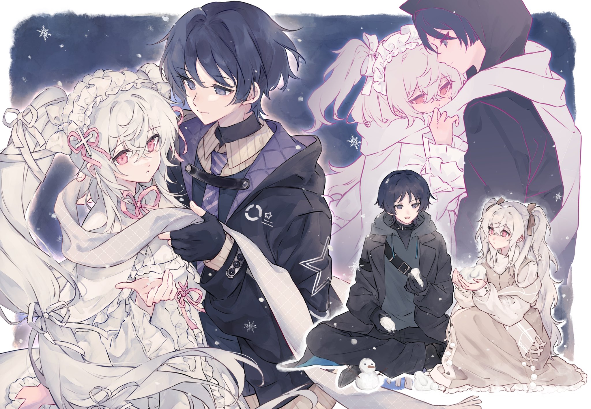 scaramouche (genshin impact), genshin impact, original, artist request, commission, highres, second-party source, 1boy, 1girl, alternate costume, alternate hairstyle, belt, belt buckle, belt collar, black background, black belt, black coat, black gloves, black hair, black hood, black shirt, black sleeves, blunt ends, border, bow, brown bow, brown dress, brown shirt, buckle, capelet, casual, chest belt, closed mouth, coat, collar, collared shirt, commissioner insert, contemporary, couple, cross hair ornament, crossed bangs, dress, eyelashes, fingerless gloves, frilled hairband, frilled sleeves, frills, fringe trim, gloves, grey eyes, hair between eyes, hair bow, hair ornament, hair ribbon, hairband, hand up, hayami momo (hayamimomo), hetero, holding, holding snowball, holding unworn clothes, holding unworn scarf, hood, hood down, hood up, hooded coat, indian style, layered sleeves, long hair, long sleeves, looking at another, looking past viewer, multiple views, necktie, oc x canon, open clothes, open coat, open hand, pink eyes, pink ribbon, purple necktie, ribbon, scarf, shared clothes, shared scarf, shirt, sidelocks, sitting, smile, snow rabbit, snowball, snowflakes, snowing, snowman, star (symbol), star print, striped clothes, striped necktie, striped shirt, striped sleeves, turtleneck, turtleneck shirt, twintails, two side up, undershirt, unworn scarf, very long hair, white border, white bow, white capelet, white dress, white hair, white hairband, white ribbon, white scarf, white sleeves, wide sleeves, winter clothes, winter coat