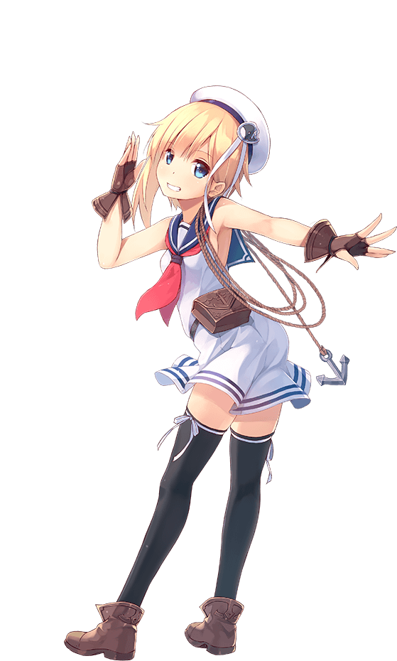 sennen sensou aigis, artist request, bad source, game cg, official art, third-party source, 1girl, anchor, bare arms, bare shoulders, beret, blonde hair, blue eyes, breasts, fingerless gloves, frey (sennen sensou aigis), full body, gloves, hat, rope, sailor, school uniform, serafuku, short hair, sideboob, smile, solo, transparent background