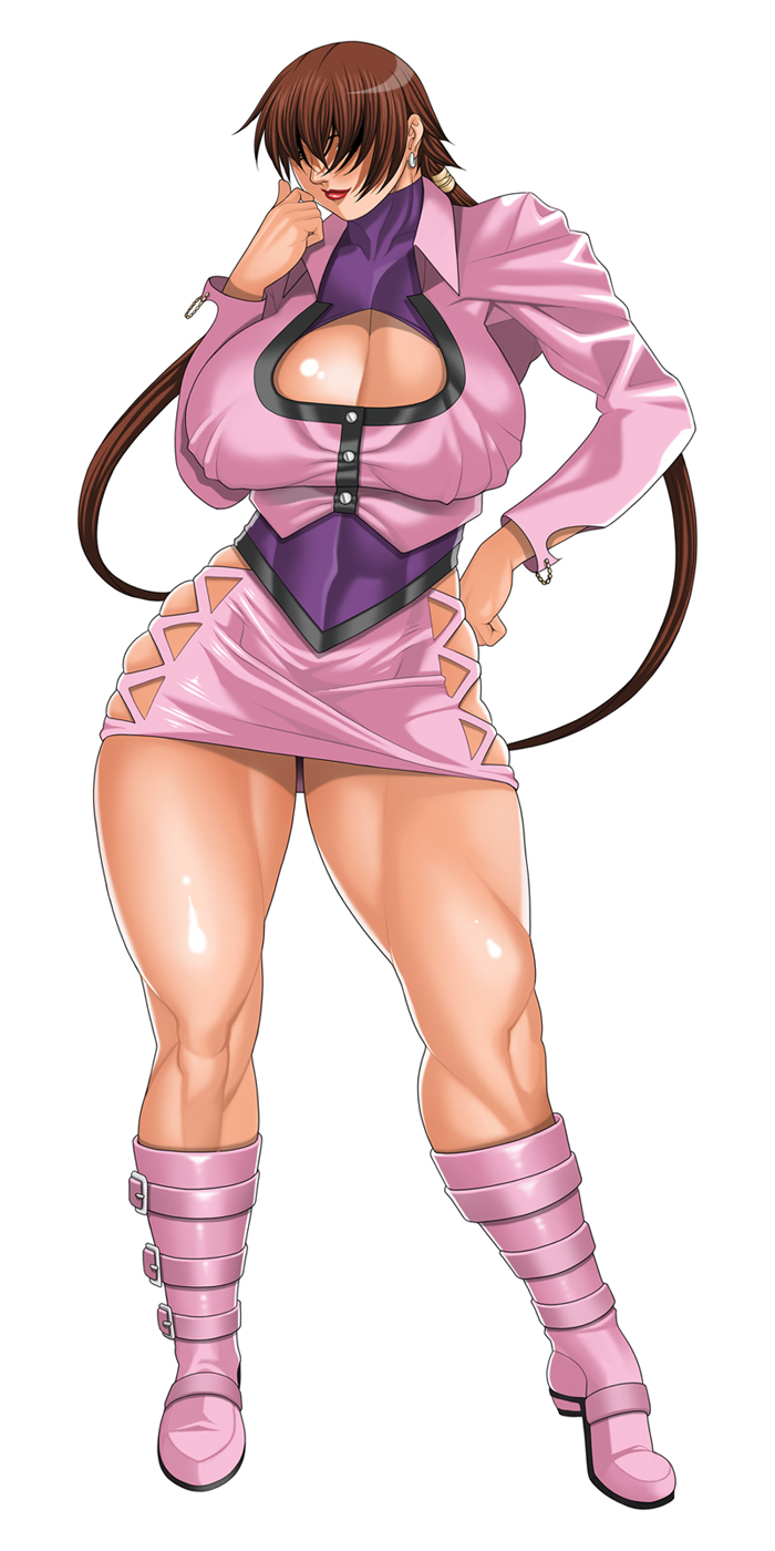 hideaki honjou, shermie (kof), snk, the king of fighters, highres, 1girl, abs, boots, breasts, cleavage, cleavage cutout, clothing cutout, curvy, earrings, female focus, hair over eyes, hand on own hip, huge breasts, jewelry, knee boots, lipstick, long hair, makeup, miniskirt, muscular, muscular female, pencil skirt, pink boots, ponytail, simple background, skirt, solo, thick thighs, thighs, toned, toned female, twintails, white background