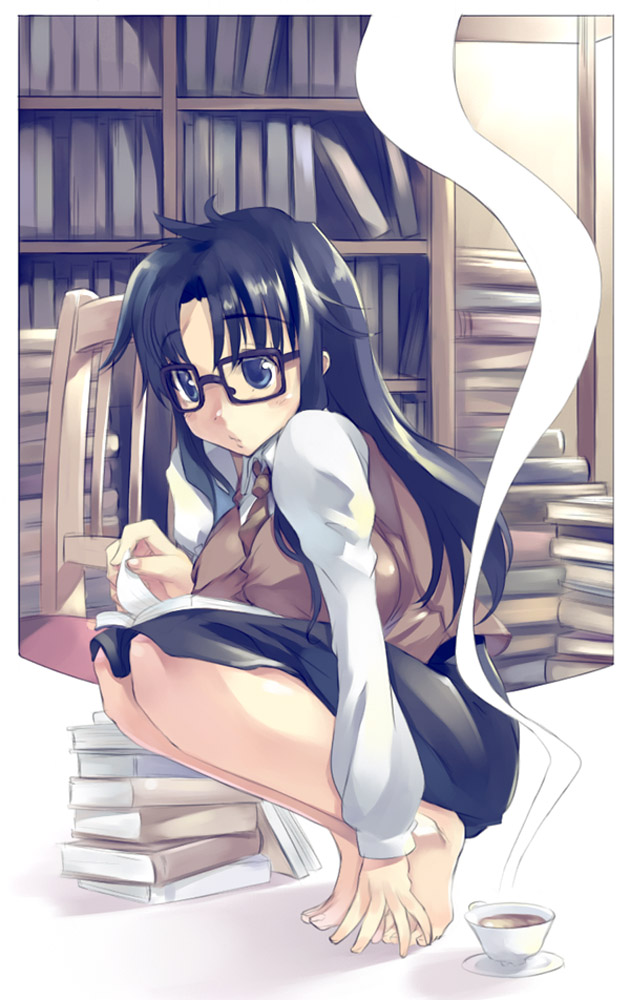 mikage sekizai, yomiko readman, read or die, 00s, 1girl, barefoot, black hair, blue eyes, book, breasts, coffee, cup, feet, female focus, glasses, indoors, large breasts, long hair, solo, squatting