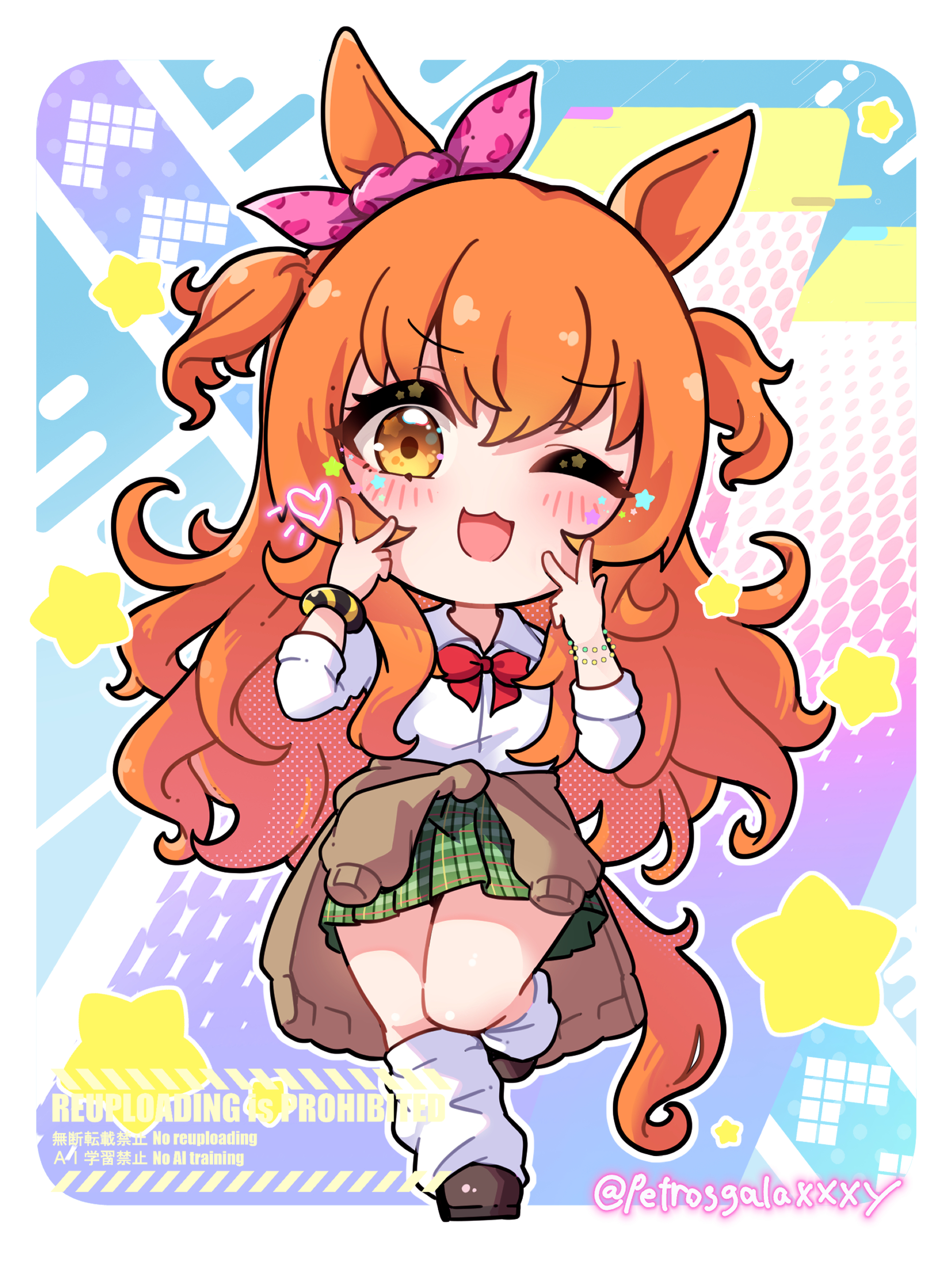 peteron, mayano top gun (umamusume), umamusume, absurdres, commentary request, highres, :3, ;d, abstract background, animal ears, blush, border, bow, bowtie, bracelet, brown shoes, chibi, chibi only, clothes around waist, collared shirt, double v, ear bow, ear ribbon, english text, flat chest, full body, green skirt, gyaru, heart, heart print, horse ears, horse girl, horse tail, jacket, jacket around waist, jewelry, kneehighs, leg up, long sleeves, looking at viewer, loose socks, no nose, one eye closed, open mouth, orange eyes, orange hair, orange tail, outline, pearl bracelet, pink ribbon, pleated skirt, red bow, red bowtie, ribbon, shirt, shoes, skirt, sleeves rolled up, smile, socks, standing, standing on one leg, star (symbol), star in eye, symbol in eye, tail, twitter username, two side up, v, white border, white outline, white shirt, white socks