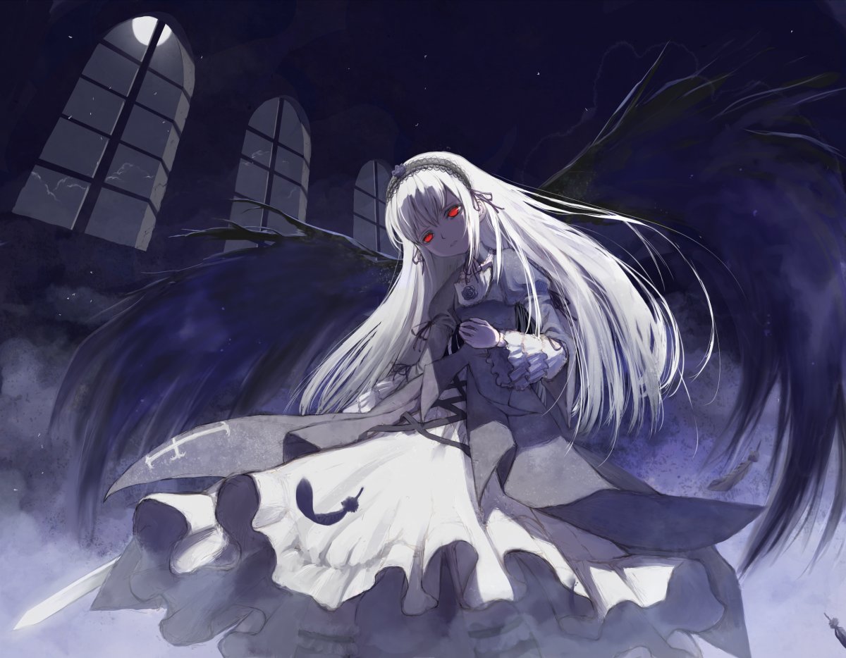 shiden, suigintou, rozen maiden, 00s, black wings, feathers, long hair, moon, red eyes, solo, sword, weapon, white hair, wings
