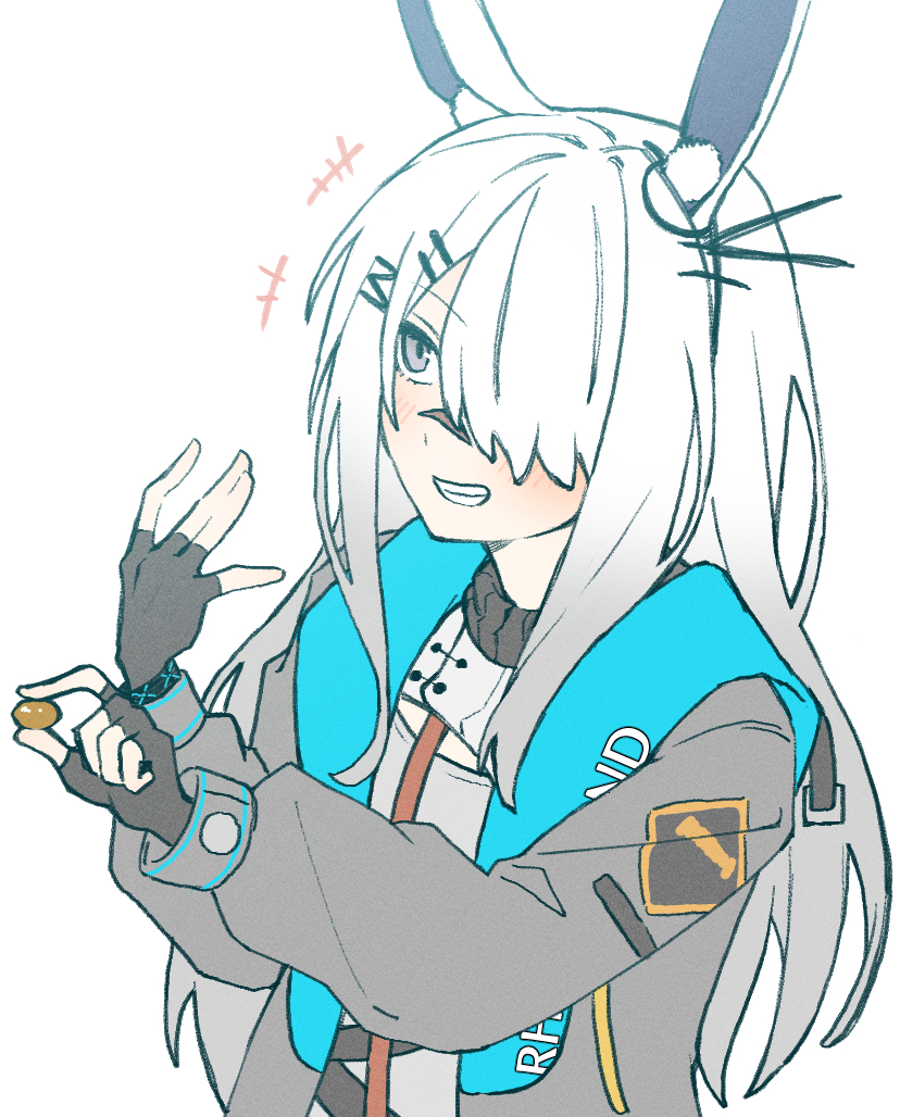 rnochi0812, amiya (arknights), frostnova (arknights), infection monitor (arknights), arknights, commentary request, +++, 1girl, :d, amiya (arknights) (cosplay), animal ears, black gloves, blush, clothes writing, cosplay, fingerless gloves, gloves, gradient hair, grey eyes, grey hair, grey jacket, grin, hair over one eye, holding, jacket, long hair, long sleeves, looking to the side, multicolored hair, one-hour drawing challenge, one eye covered, open clothes, open jacket, open mouth, scar, scar on face, scar on nose, simple background, smile, solo, upper body, white background, white hair