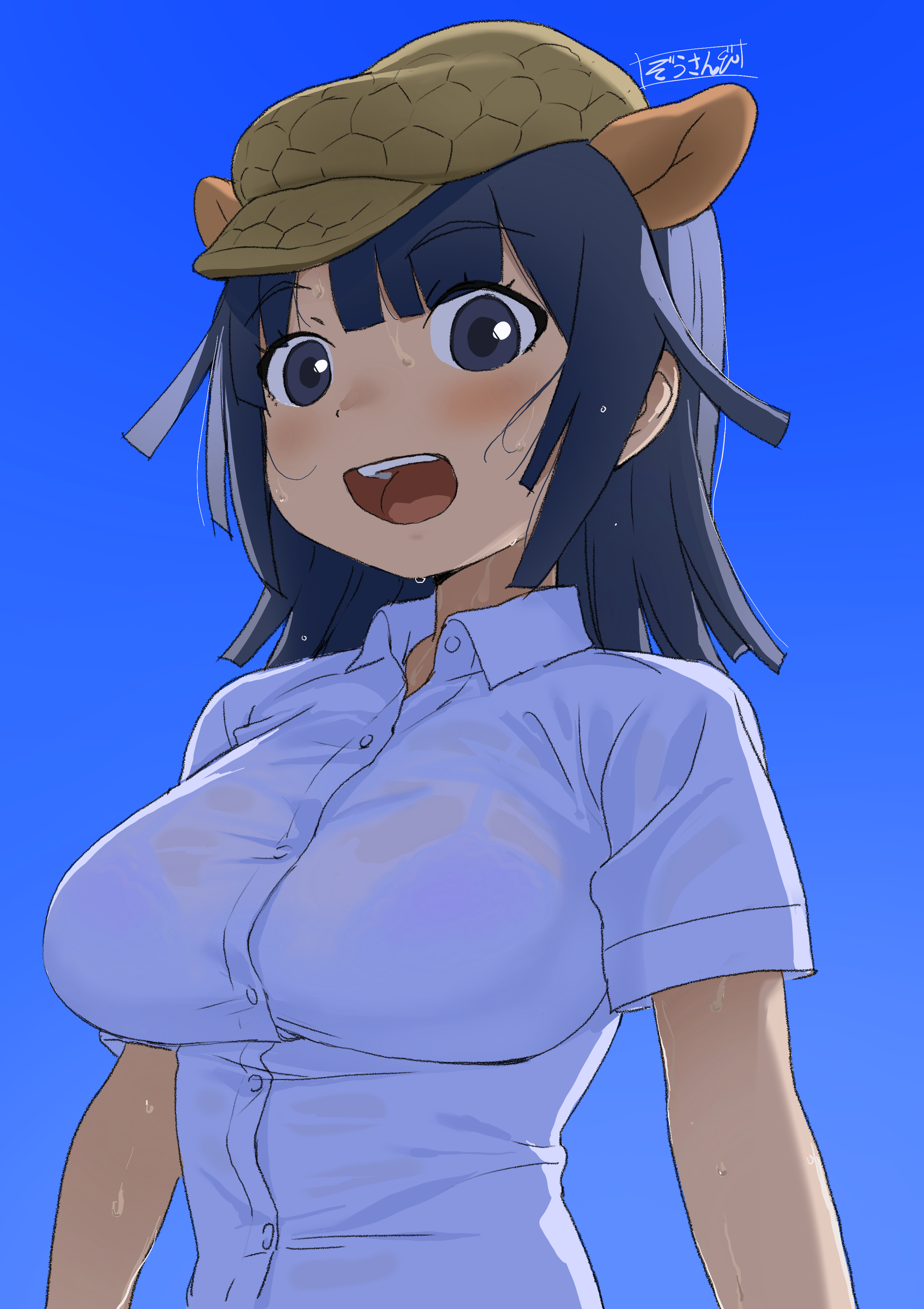 masuyama ryou, giant armadillo (kemono friends), kemono friends, absurdres, highres, 1girl, :d, armadillo ears, black eyes, black hair, blue background, blunt bangs, blush, bra visible through clothes, breasts, choppy bangs, extra ears, hat, impossible clothes, impossible shirt, large breasts, medium hair, open mouth, see-through clothes, see-through shirt, shirt, short sleeves, simple background, smile, solo, sweat, upper body, wet, wet clothes, wet shirt, white shirt, wing collar