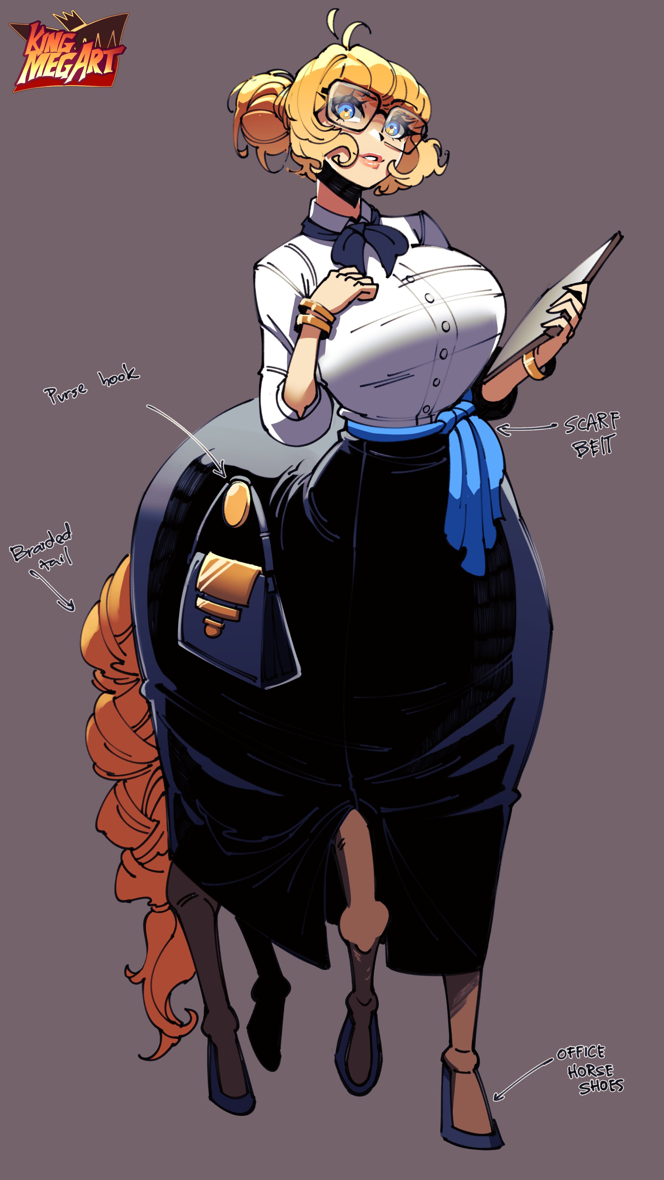 king meg art, original, absurdres, commentary, commission, english commentary, highres, 1girl, antenna hair, artist logo, artist name, bag, black-framed eyewear, black skirt, blonde hair, blue bow, blue bowtie, blue eyes, bow, bowtie, bracelet, braided tail, breasts, brown background, brown fur, centaur, dress shirt, flipped sidelocks, full body, glasses, gold bracelet, hair bun, hand on own chest, handbag, horse tail, horseshoe, jewelry, large breasts, logo, multicolored eyes, parted lips, rectangular eyewear, scarf belt, shirt, shirt tucked in, simple background, single hair bun, skirt, solo, standing on three legs, tail, taur, taut clothes, taut shirt, two-tone eyes, white shirt, yellow eyes, yellow tail