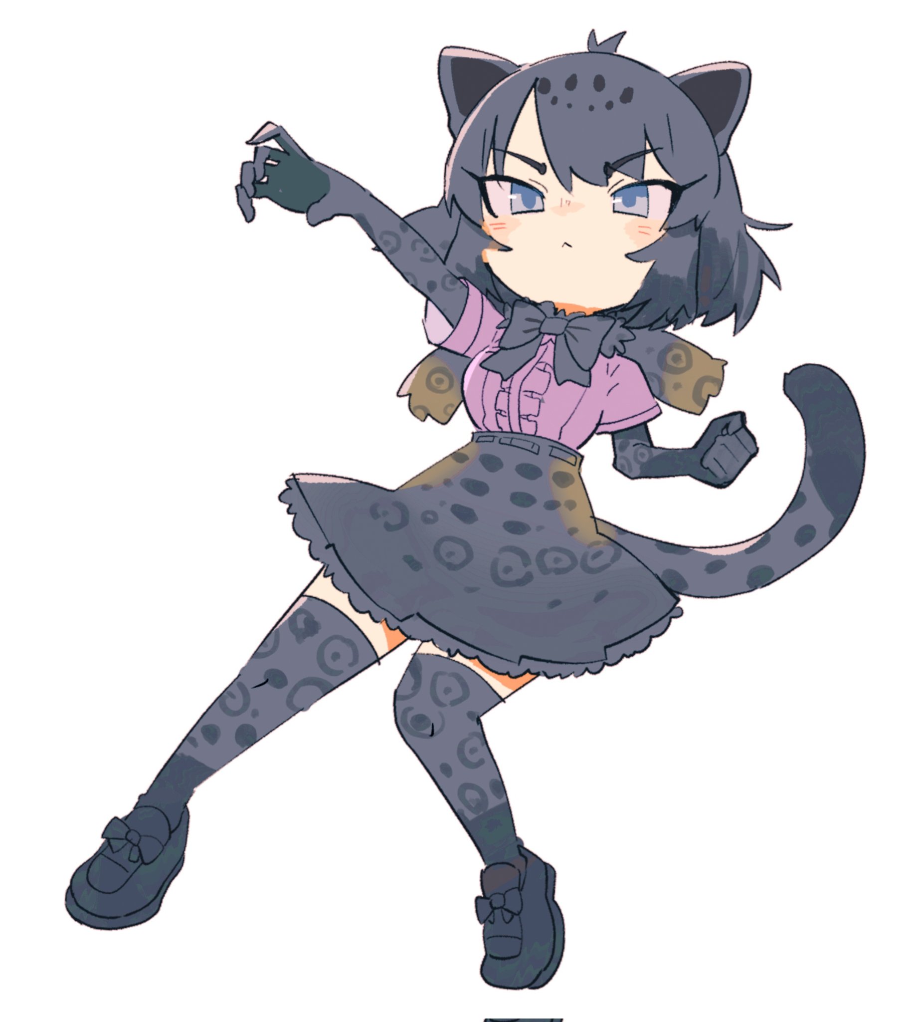 naka (buttergirl 02), black jaguar (kemono friends), kemono friends, highres, 1girl, :<, animal ears, animal print, black bow, black bowtie, black fur, black gloves, black hair, black shoes, black skirt, black thighhighs, blue eyes, blush, bow, bowtie, center frills, elbow gloves, frilled skirt, frills, fur collar, gloves, hair between eyes, high-waist skirt, jaguar ears, jaguar girl, jaguar tail, jirai kei, leopard print, loafers, print gloves, print skirt, print thighhighs, purple shirt, shirt, shoes, short hair, short sleeves, sidelocks, skirt, solo, t-shirt, tail, thighhighs, zettai ryouiki