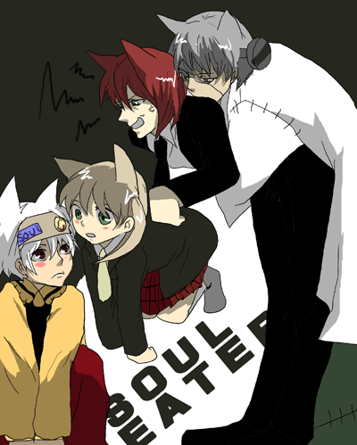franken stein (soul eater), maka albarn, soul evans, spirit albarn, soul eater, lowres, 00s, 1girl, 3boys, albino, animal ears, cat ears, glasses, green eyes, hug, multiple boys, plaid clothes, plaid skirt, red eyes, red hair, scar, school uniform, serafuku, skirt, stitches, white hair