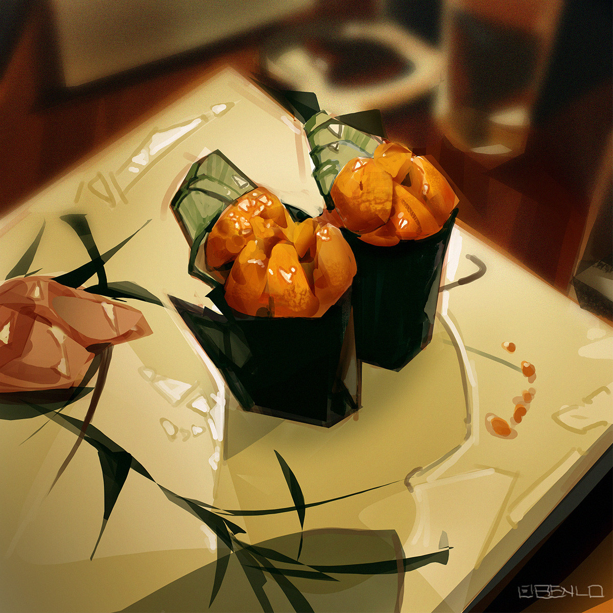 ben lo, original, highres, calamari, fish (food), food, food focus, from above, nigirizushi, no humans, nori (seaweed), painterly, sushi