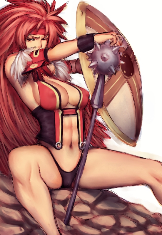 fumio (rsqkr), risty (queen's blade), wilderness bandit risty, queen's blade, 00s, 1girl, female focus, headband, long hair, mace, one eye closed, panties, red hair, revealing clothes, shield, sitting, solo, underwear, weapon, wink