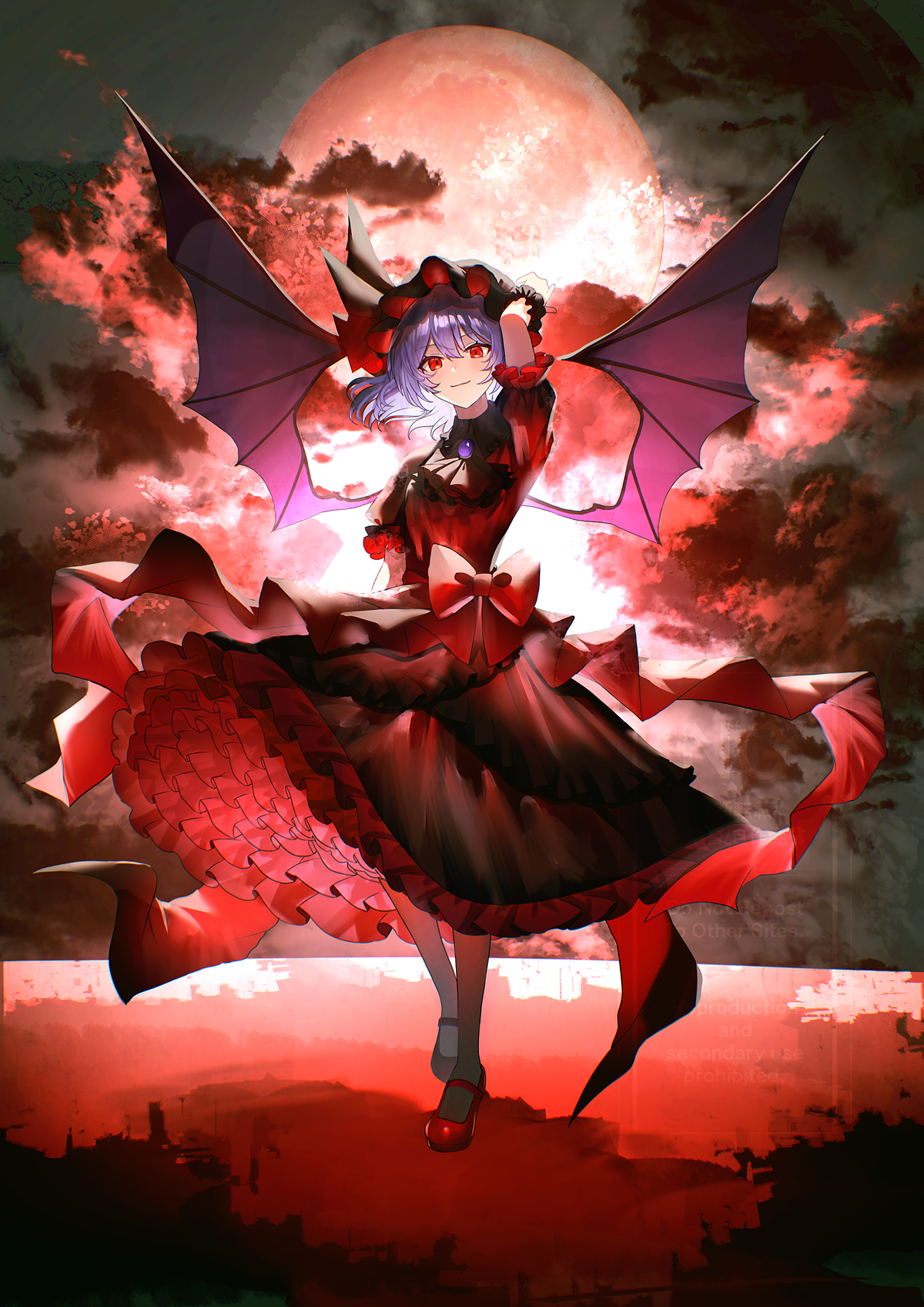 sakizaki saki-p, remilia scarlet, touhou, commentary, highres, 1girl, alternate color, arm up, ascot, bat wings, black hat, closed mouth, cloud, cloudy sky, frilled skirt, frills, full body, full moon, hat, hat ribbon, looking at viewer, mob cap, moon, petticoat, puffy short sleeves, puffy sleeves, purple brooch, purple hair, red eyes, red moon, red shoes, ribbon, shoes, short sleeves, skirt, sky, smile, solo, wings, wrist cuffs