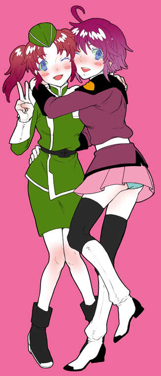 hachikou (hatty463), lunamaria hawke, meyrin hawke, gundam, gundam seed, gundam seed destiny, black legwear, 00s, 2girls, blue eyes, blush, boots, garrison cap, gloves, hat, hug, knee boots, military, military uniform, multiple girls, one eye closed, panties, pantyshot, short hair, siblings, sisters, thighhighs, twintails, underwear, v, wink