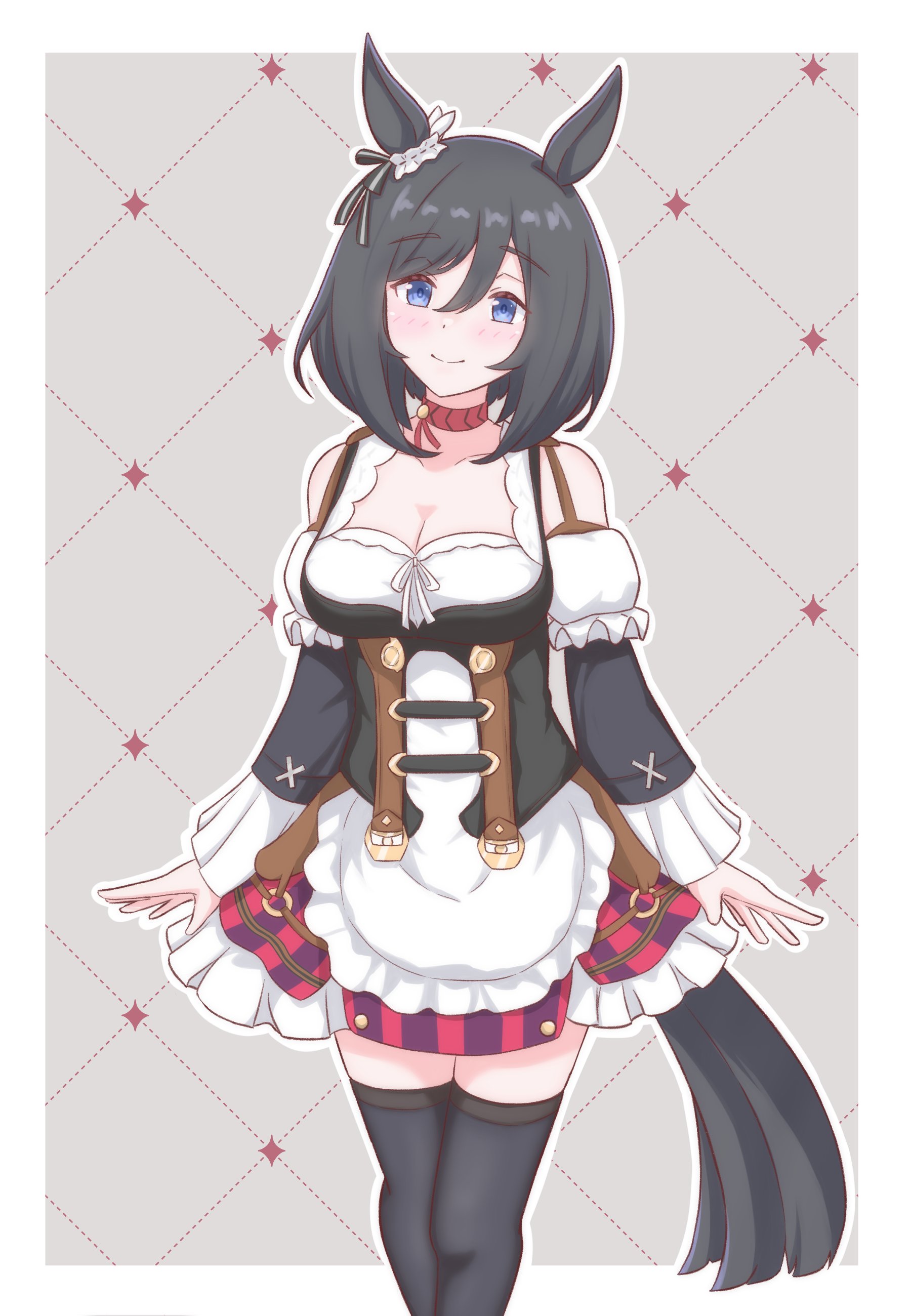 yozakuraplanet-nanaari, eishin flash (umamusume), umamusume, absurdres, highres, 1girl, animal ears, black hair, black shirt, black thighhighs, blue eyes, blush, bob cut, bodice, breasts, choker, cleavage, closed mouth, dirndl, dress, ear ornament, ear scrunchie, frills, german clothes, hair between eyes, horse ears, horse girl, horse tail, looking at viewer, medium breasts, red choker, red skirt, scrunchie, shirt, short hair, skirt, smile, solo, striped clothes, striped skirt, swept bangs, tail, thighhighs, vertical-striped clothes, vertical-striped skirt, white scrunchie, white shirt