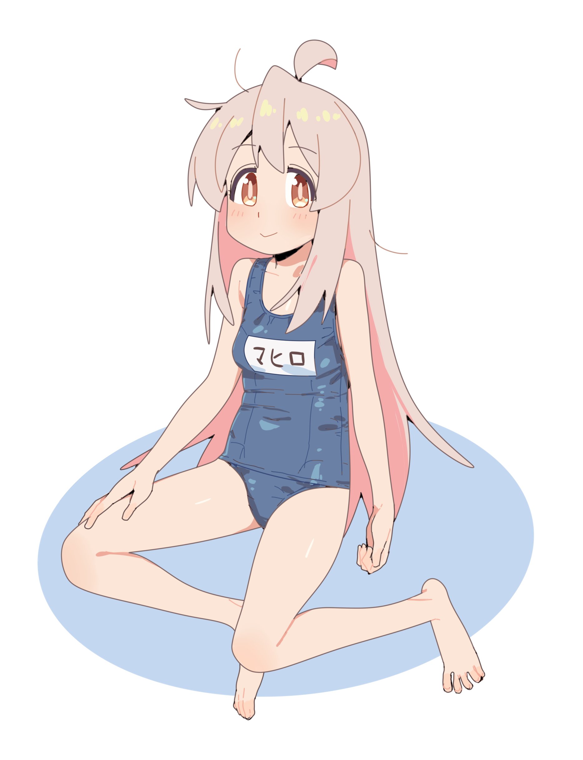 karubi (karubi465558), oyama mahiro, onii-chan wa oshimai!, absurdres, commentary, highres, 1girl, ahoge, bare arms, bare legs, bare shoulders, barefoot, blue one-piece swimsuit, blush, breasts, brown eyes, feet, full body, hand on own thigh, long hair, name tag, old school swimsuit, one-piece swimsuit, pink hair, school swimsuit, simple background, small breasts, smile, solo, swimsuit, toes, very long hair, white background