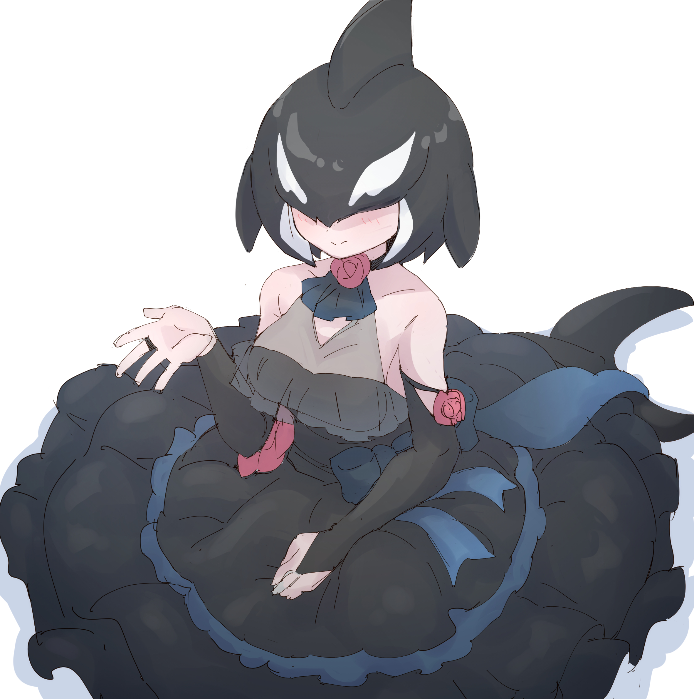lowlandgorilla, orca (kemono friends), kemono friends, highres, 1girl, alternate costume, bare shoulders, black bridal gauntlets, black dress, black hair, blowhole, blue dress, blush, bridal gauntlets, cetacean tail, dorsal fin, dress, fins, fish tail, flower, frilled dress, frills, hair over eyes, head fins, long dress, multicolored hair, neck flower, rose, short hair, sitting, sleeveless, smile, solo, tail, two-tone dress, two-tone hair, whale girl, white hair