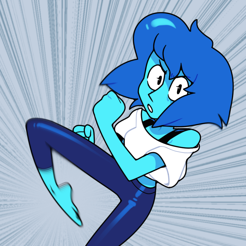 discount-supervillain, lapis lazuli (steven universe), steven universe, 1girl, alternate costume, barefoot, blue hair, blue skin, colored skin, crop top, imminent kick, lapis lazuli (species) (steven universe), looking at viewer, shirt, short hair, solo