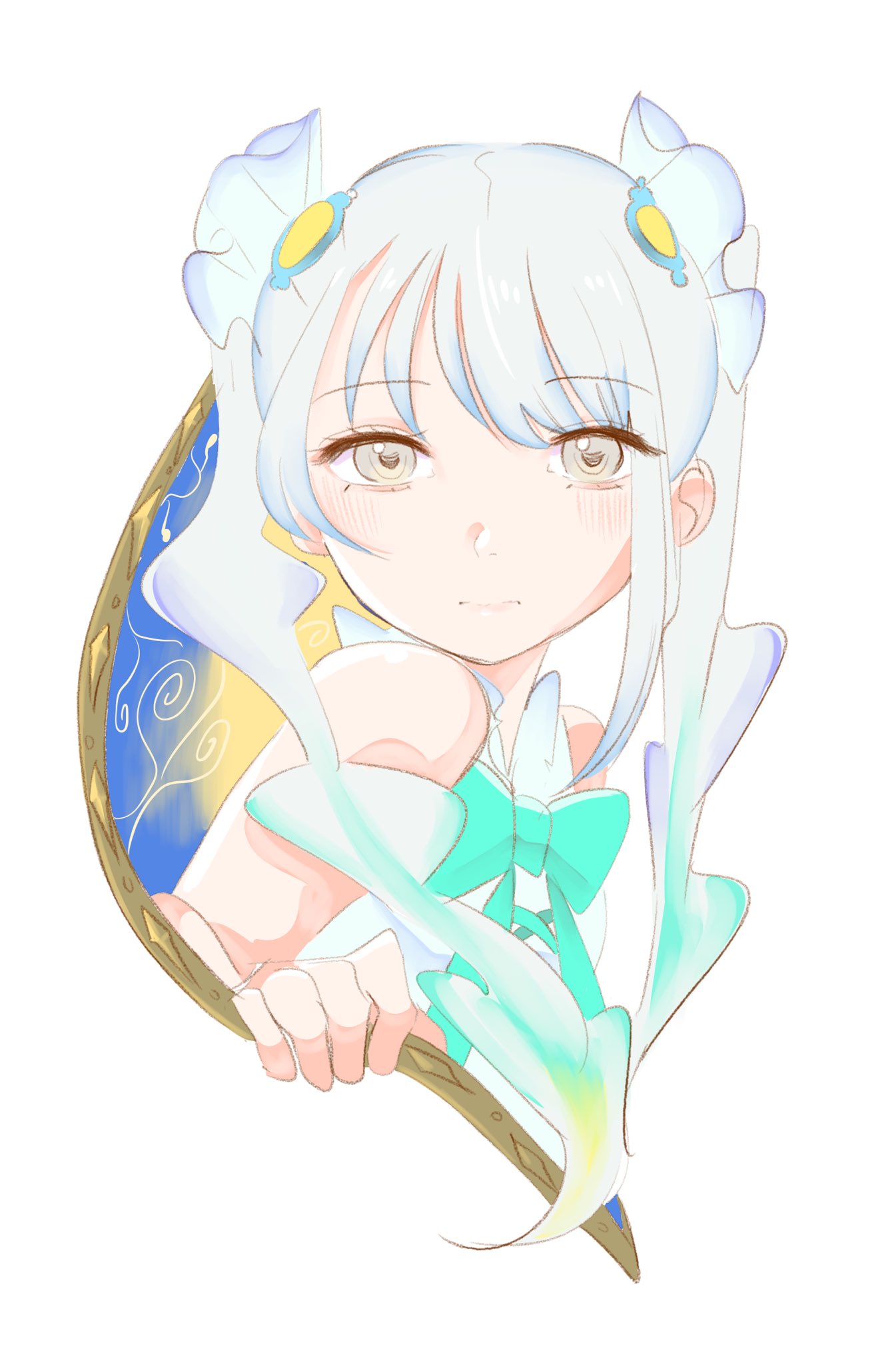 kamisamanosaba, skyfish (kemono friends), kemono friends, highres, 1girl, bare shoulders, blonde hair, blue bow, blue bowtie, blue hair, blush, bow, bowtie, grey eyes, hair between eyes, hair ornament, hairclip, looking at viewer, multicolored hair, shirt, sidelocks, sleeveless, solo, twintails, upper body, white hair, white shirt