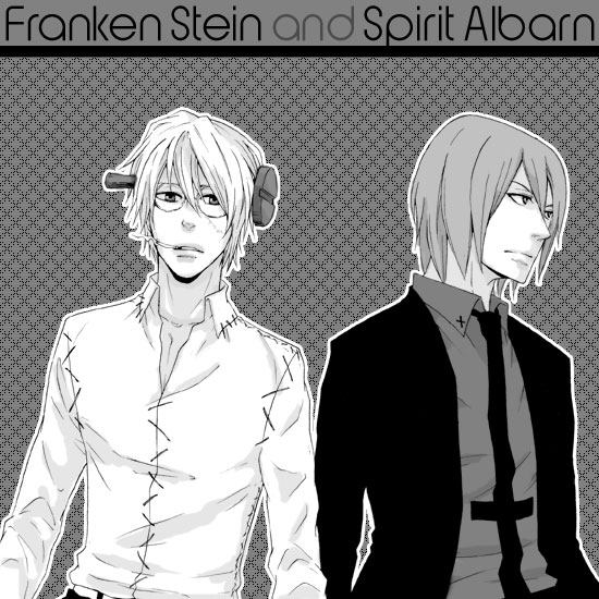 zero takahashi, franken stein (soul eater), spirit albarn, soul eater, 00s, 2boys, cigarette, glasses, greyscale, male focus, monochrome, multiple boys, scar, stitches