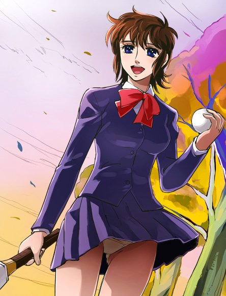 haruyama kazunori, oka hiromi, ace wo nerae!, 1970s (style), 1girl, blue eyes, brown hair, female focus, oldschool, panties, pantyshot, racket, retro artstyle, school uniform, serafuku, short hair, smile, solo, tennis, tennis racket, underwear