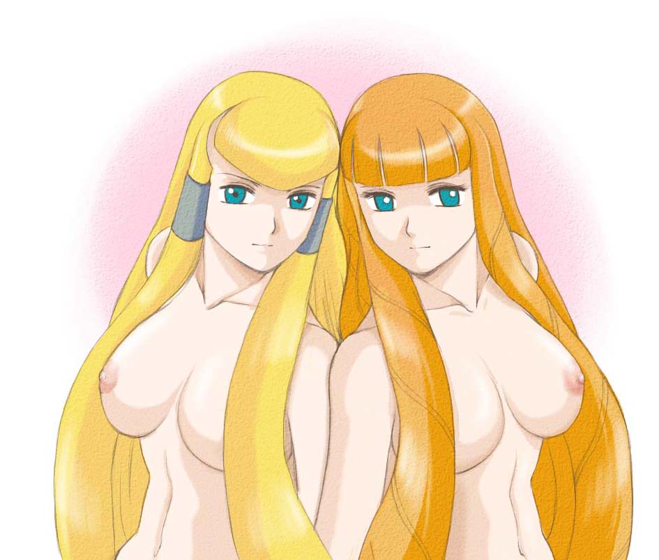 sabachiyo land, dianna soreil, kihel heim, gundam, turn a gundam, 2girls, aqua eyes, blonde hair, breasts, large breasts, long hair, look-alike, multiple girls, nipples, nude, orange hair