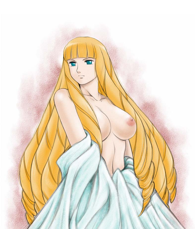 sabachiyo land, kihel heim, gundam, turn a gundam, 1girl, aqua eyes, blonde hair, breasts, female focus, large breasts, long hair, nipples, ringlets, solo, topless female
