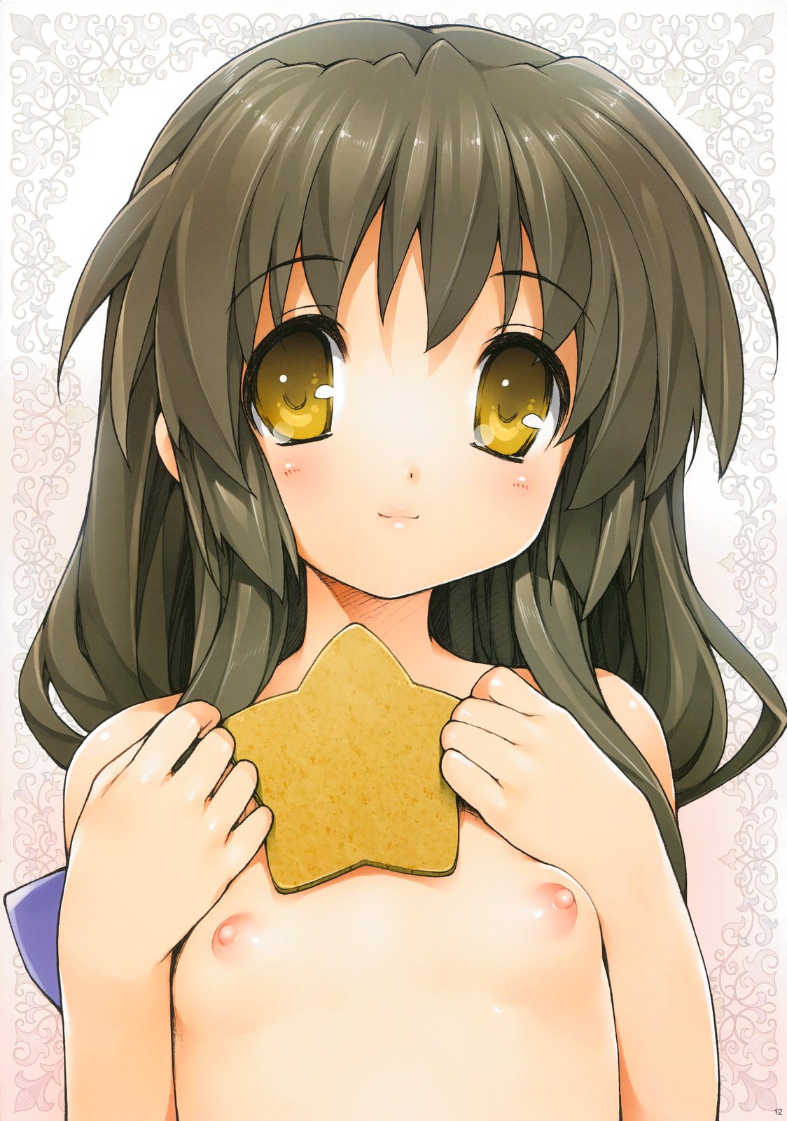ishikei, ibuki fuuko, clannad, highres, 00s, 1girl, brown hair, female focus, flat chest, loli, nipples, petite, puffy nipples, solo, starfish, yellow eyes