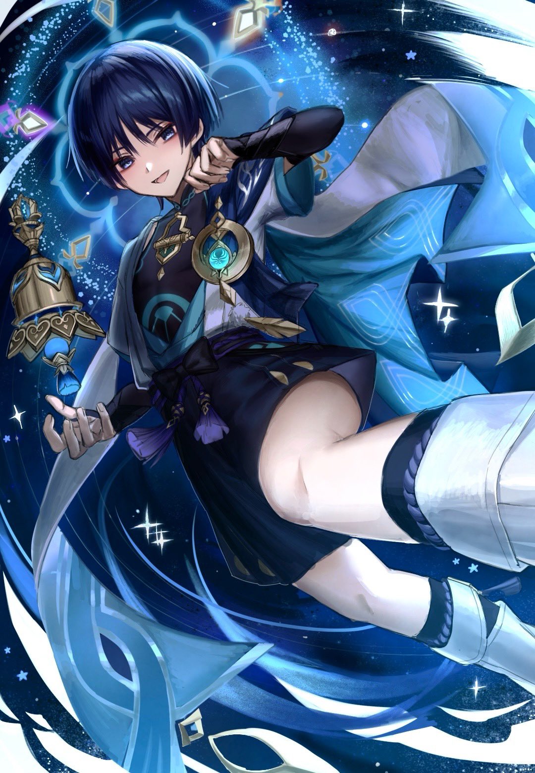 yu (geda4335), scaramouche (genshin impact), wanderer (genshin impact), genshin impact, highres, 1boy, anemo symbol (genshin impact), aqua gemstone, arm at side, armor, bell, belt, black belt, black bodysuit, black bow, black bridal gauntlets, black hair, black shorts, blue cape, blue halo, blue kimono, blue sleeves, blunt ends, bodysuit, bow, bridal gauntlets, cape, clenched hand, covered collarbone, eyeliner, eyeshadow, feathers, fingernails, from below, gem, glowing markings, gold, hakama, hakama shorts, halo, halo behind head, hand up, japanese armor, japanese clothes, juban, kimono, kote, kurokote, layered sleeves, leg focus, leg warmers, looking at viewer, looking down, lower teeth only, magic circle, makeup, male focus, night, night sky, open clothes, open hand, open kimono, open mouth, pleated shorts, pom pom (clothes), purple eyes, purple rope, purple sash, red eyeliner, red eyeshadow, rope, sash, short sleeves, shorts, shoulder peek, sky, solo, star (sky), starry sky background, tassel, teeth, tongue, tsurime, tulaytullah's remembrance (genshin impact), vision (genshin impact), white kimono, white leg warmers, white sleeves, wind, wispy bangs, yellow feathers