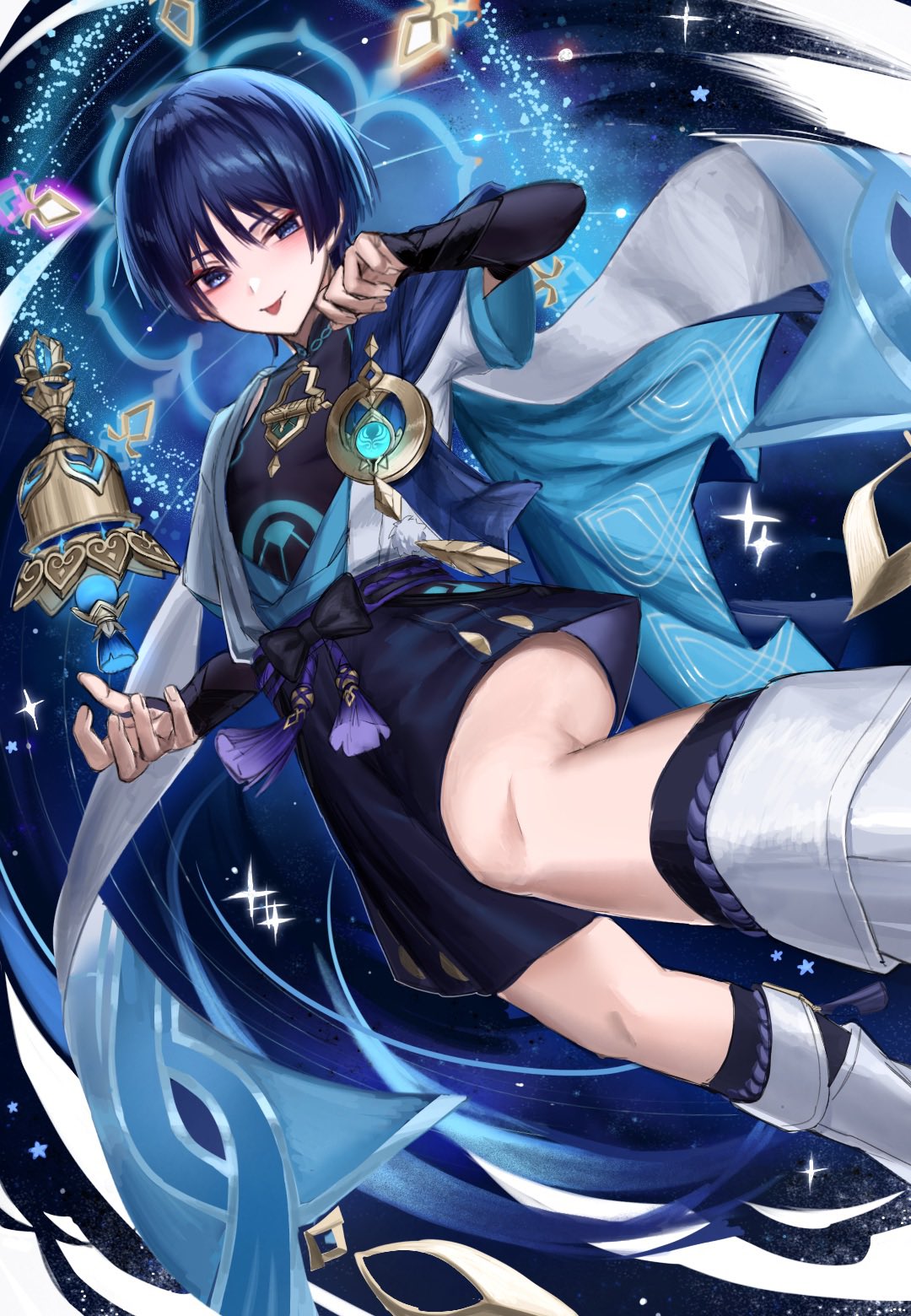 yu (geda4335), scaramouche (genshin impact), wanderer (genshin impact), genshin impact, highres, 1boy, anemo symbol (genshin impact), aqua gemstone, arm at side, armor, bell, belt, black belt, black bodysuit, black bow, black bridal gauntlets, black hair, black shorts, blue cape, blue halo, blue kimono, blue sleeves, blunt ends, bodysuit, bow, bridal gauntlets, cape, clenched hand, covered collarbone, eyeliner, eyeshadow, feathers, fingernails, from below, gem, glowing markings, gold, hakama, hakama shorts, halo, halo behind head, hand up, japanese armor, japanese clothes, juban, kimono, kote, kurokote, layered sleeves, leg focus, leg warmers, looking at viewer, looking down, lower teeth only, magic circle, makeup, male focus, night, night sky, open clothes, open hand, open kimono, pleated shorts, pom pom (clothes), purple eyes, purple rope, purple sash, red eyeliner, red eyeshadow, rope, sash, short sleeves, shorts, shoulder peek, sky, solo, star (sky), starry sky background, tassel, teeth, tongue, tongue out, tsurime, tulaytullah's remembrance (genshin impact), vision (genshin impact), white kimono, white leg warmers, white sleeves, wind, wispy bangs, yellow feathers
